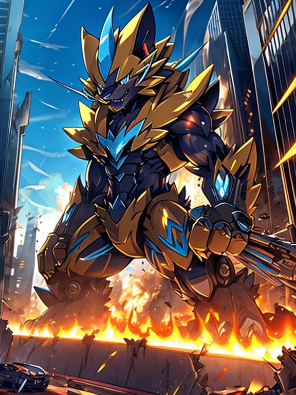 Massive mechanical zeraora rampage through a city, crushing buildings and vehicles beneath their unstoppable metal frames,
masterpiece, official art, 8k, best quality, highly detailed, terrifying and imposing design, each creature with its own unique abilities and weapons, smoke and flames rising from the destruction in the background, a lone figure