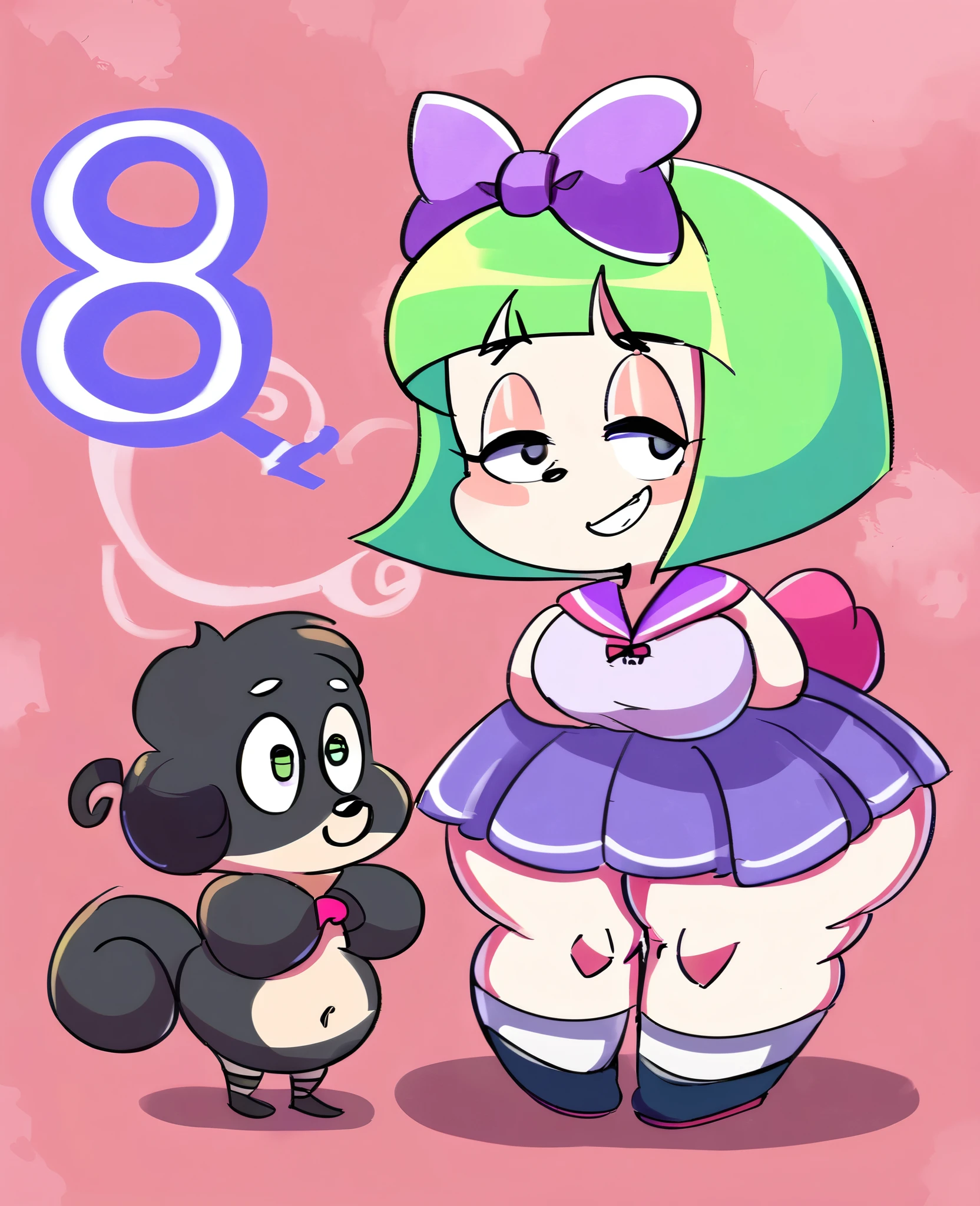 Miss，front，posture，Green short hair，Green Eyes，Purple bow，Blue pleated skirt，White socks，Purple sailor suit，Small leather shoes，Antenna hair，Doudou Eyebrows，Hair rope，permanent，Bangs，HappyGreen Hair Bow Girl Source_Japanese cartoons,woman,dog，furry，fur，fur,posture,foot,paw，Green Hair Bow Girl  score_9, score_8_up, score_7_up, source_cartoon, rating_explicit, mommy, huge breasts, (futa_with_female:1.25), huge thighs and athletic, charcoal black skin with a matte finish, grey eyes and wearing a faux fur coat over a velvet dress, zPDXL2, plump,small,shortstack,male,dog,black and white fur skin