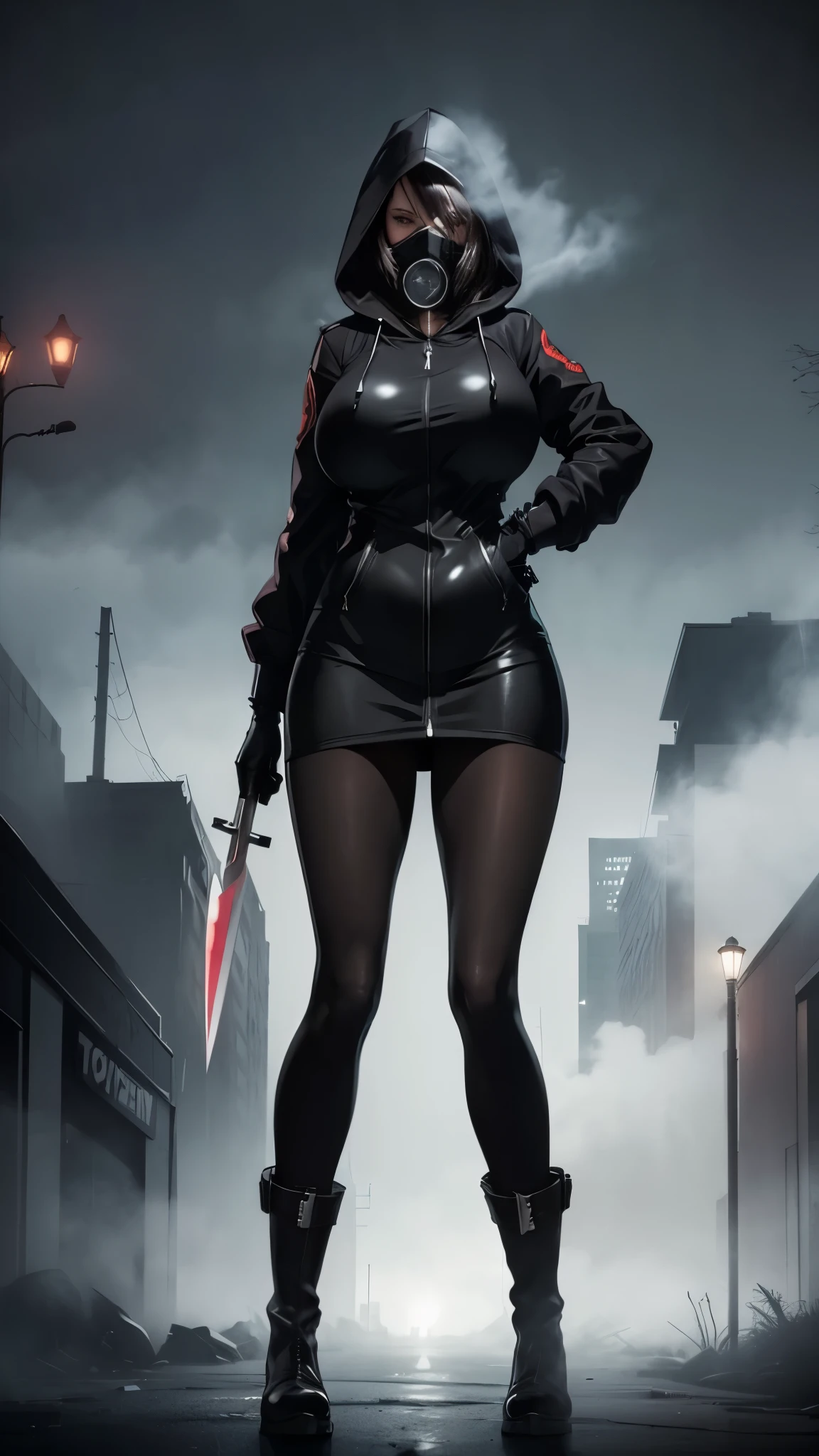 Silent hill city, fog, huge boobs, huge hips, darkness woman black hair, full zip coat black, long polo shirt, pencil mini skirt, pantyhose, hood, gloves, knife, fog, strong stance,