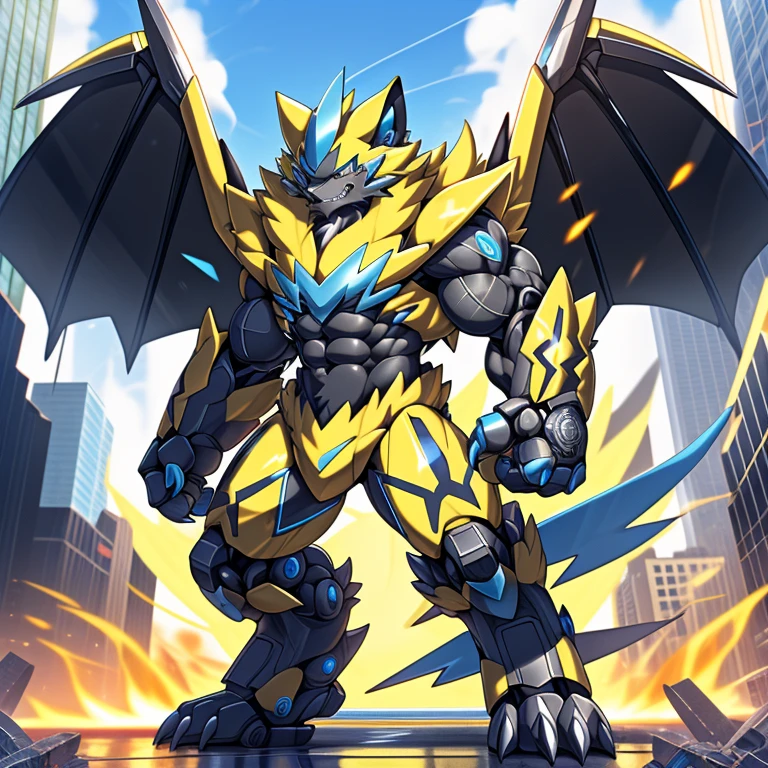 (ZERAORA, 8K), (giant zeraora, Zeraora's giant robot, Powered exoskeleton with the same design as Zeraora), (Masterpiece, highres) (Detailed head, Detailed Body, Detailed abs, full body) (gigantic muscles, Gigachad Muscular, big muscle, pecs, triceps, traps, unusually developed muscular body, body full of huge muscles. showing off muscles, pectorales enormes, Exaggeratedly huge muscles.) 
(nj5furry, The claws are sharp, Sharp teeth, sharp claws), (long legs, giant), (Spread wings, It has wings, have big wings, golden wings), 
(whole body shines like metal, Wearing cyberpunk mecha, emphasizes the muscles, suit fully made of metal, intricate armor, Robotic suit, suit fully made of metal, cyborg), 
(black color hyper penis, hyper black penis), menacing pose, (giant monster spider image zeraora in the city, zeraora towering over new york), Massive mechanical zeraora rampage through a city, crushing buildings and vehicles beneath their unstoppable metal frames, masterpiece, official art, 8k, best quality, highly detailed, terrifying and imposing design, each creature with its own unique abilities and weapons, smoke and flames rising from the destruction in the background, a lone figure