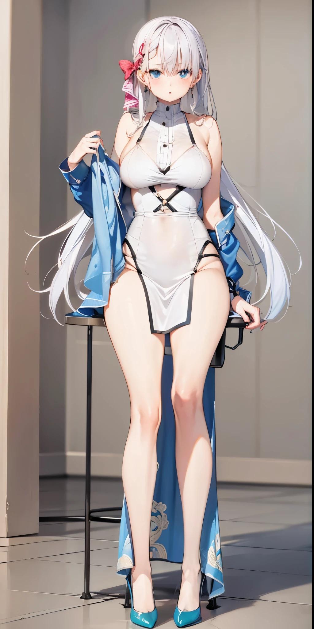 (masterpiece), (best quality), same girl posing in 2 different poses,(perfect face), long white hair, purple eyes, wearing a transparent white dress, medium boobs, sexy pose, slim body, (transparent background), (touching the ass), (charming), (full body pose), rpg character design