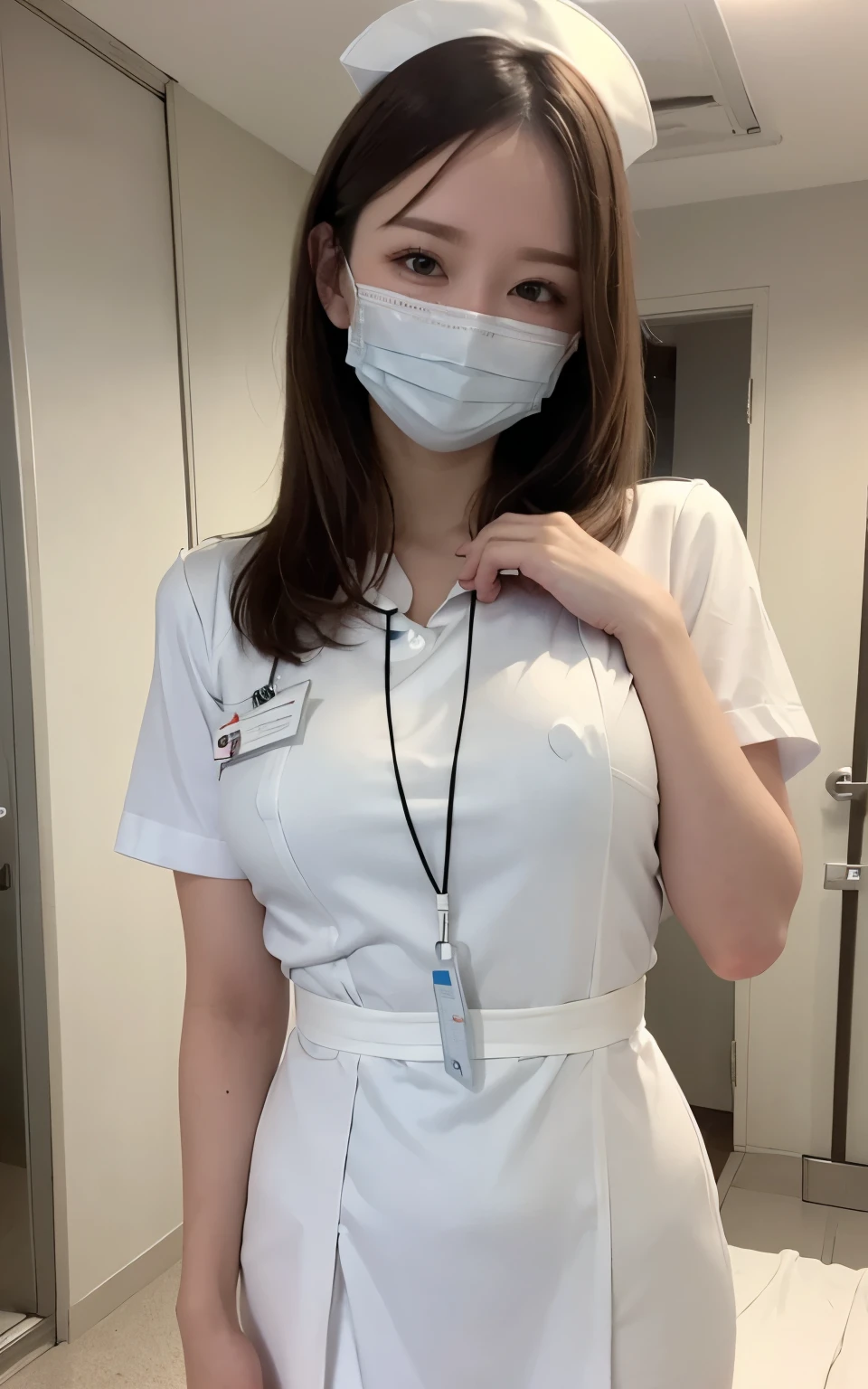 1 girl,(Wearing white nurse clothes:1.2),(RAW Photos, highest quality), (Realistic, photo-Realistic:1.4), masterpiece, Very delicate and beautiful, Very detailed, 2k wallpaper, wonderful, finely, Very detailed CG unity 8k wallpaper, Very detailed, High resolution, Soft Light, Beautiful detailed girl, Very detailed eyes and face, Beautiful and detailed nose, finely beautiful eyes, nurse, Perfect Anatomy, Black Hair, Upstyle, nurse uniform, ((mask)), Long skirt, nurse, White costume, thin, hospital, clear, White Uniform, hospital room, Neck auscultation,Bobcut
