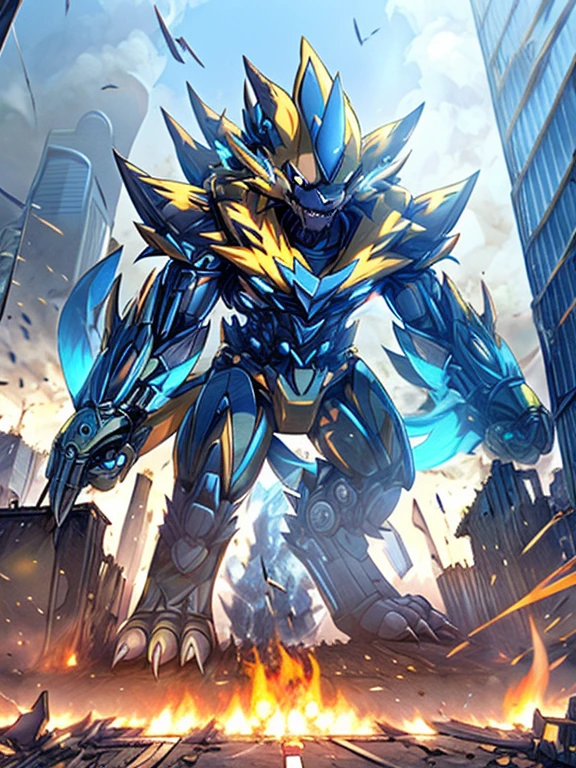 Massive mechanical zeraora rampage through a city, crushing buildings and vehicles beneath their unstoppable metal frames,
masterpiece, official art, 8k, best quality, highly detailed, terrifying and imposing design, each creature with its own unique abilities and weapons, smoke and flames rising from the destruction in the background, a lone figure