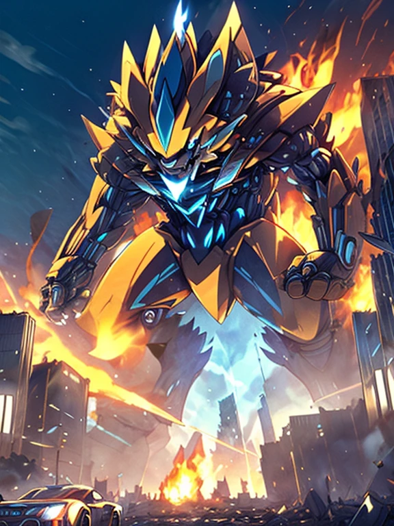 (ZERAORA, 8K), giant mechanical Muscular Zeraora is trampling the city, NSFW, Additional details: (masterpiece, official art, 8k, best quality) terrifying and imposing design, (smoke and flames rising from the destruction in the background, a lone figure) (high-tech bio-mecha armor, real texture material), (gigantic muscles, Gigachad Muscular, big muscle, pecs, triceps, traps, unusually developed muscular body, body full of huge muscles. showing off muscles, pectorales enormes, Exaggeratedly huge muscles.),(Spread wings, It has wings, have big wings, golden wings), (whole body shines like metal, Wearing cyberpunk mecha, emphasizes the muscles, suit fully made of metal, intricate armor, Robotic suit, suit fully made of metal, cyborg), (giant zeraora, Zeraora's giant robot, Powered exoskeleton with the same design as Zeraora), (Masterpiece, highres) (Detailed head, Detailed Body, Detailed abs, full body), (black color hyper , hyper black penisndam,