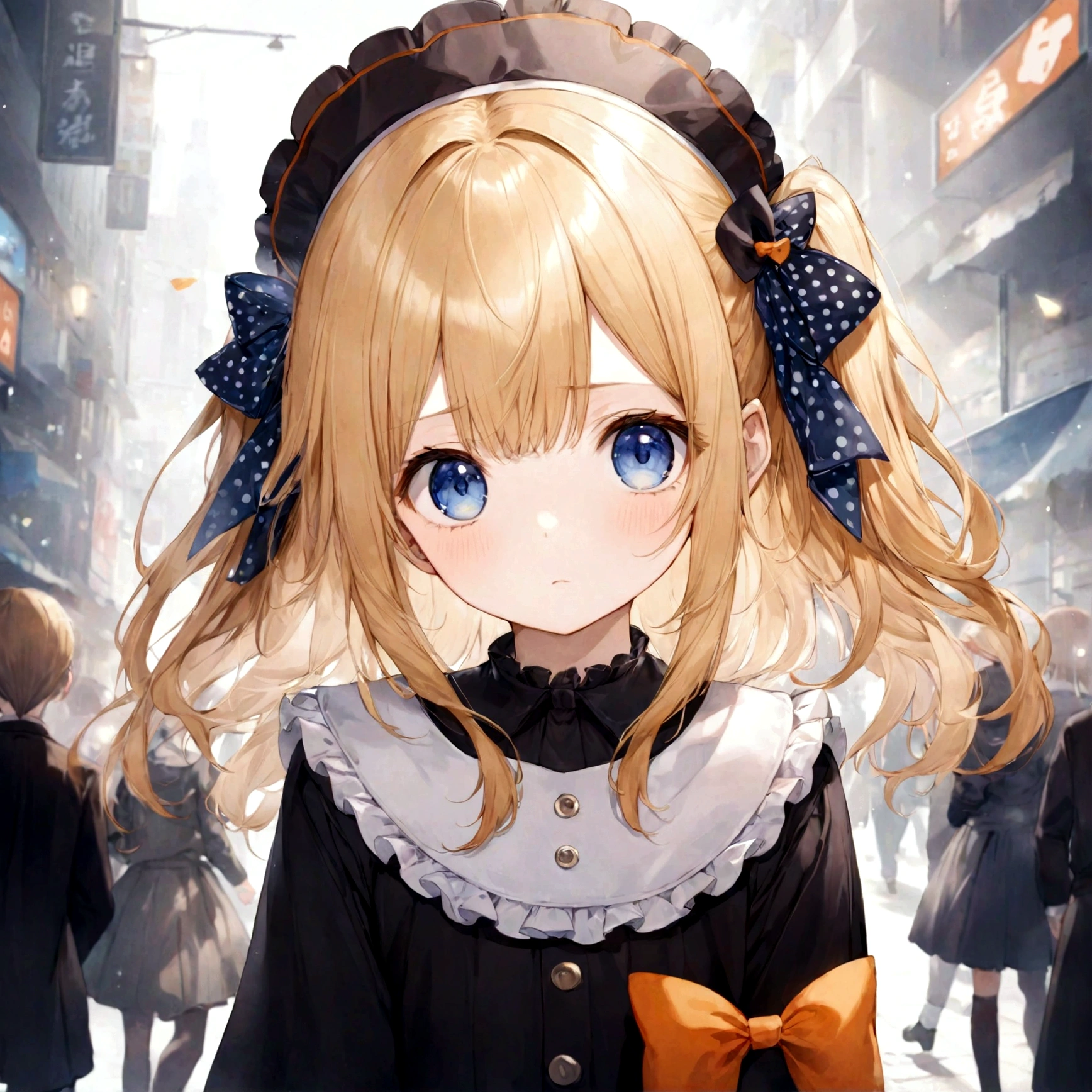Fraction_9, Fraction_8_up, Fraction_7_Direction_6_up, 1 Girl, Solitary, Abigail Williams \(destiny\), bow, Blonde Hair, hair bow, black bow, blue eyes, polka dot, long hair, polka dot bow, looking at the audience, have, parted Bangs, background, 簡單的background, Shut up, orange bow, Black headdress, Bangs, portrait, forehead, sign, black skirt, multiple hair bows, skirt