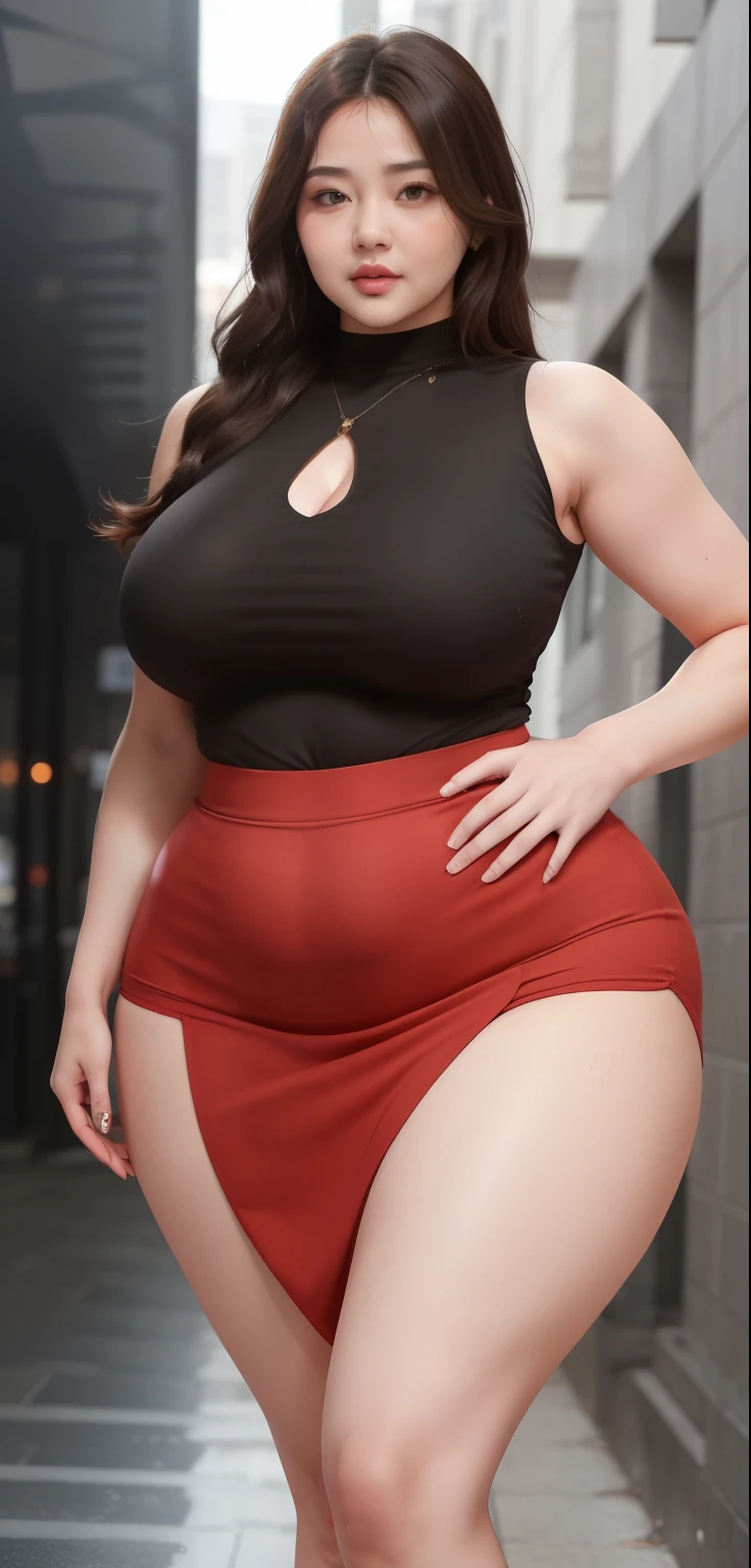 a woman in a skirt posing for a picture, curvy hourglass figure, wearing tight simple clothes, good hips and long legs, curvy model, very sexy outfit, perfectly proportioned, thick legs, thick body, seductively looking in front, massive legs towering over you, tight attire, thicc, wide hips, widest hips, full body, chubby cheeks, mature face