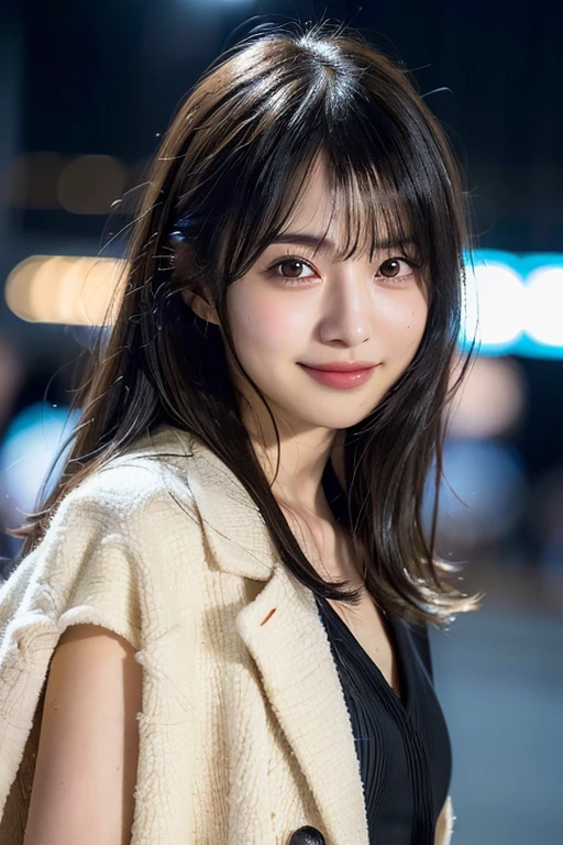 One Girl,(coat:1.4), (one piece:1.4),(RAW Photos, highest quality), (Realistic, Photorealistic:1.4), Tabletop, Very delicate and beautiful, Very detailed, 8k wallpaper, wonderful, In detail, Very detailedなCG Unity, High resolution,Very clear, Soft Light, Beautifully detailed 19 year old girl, Very detailedな目と顔, Beautifully detailed nose, Beautiful fine details,Cinema Lighting,City lights at night,Perfect Anatomy,Slender body,smile (My hair is messy, Asymmetrical bangs, Black Hair,Medium:1.4)