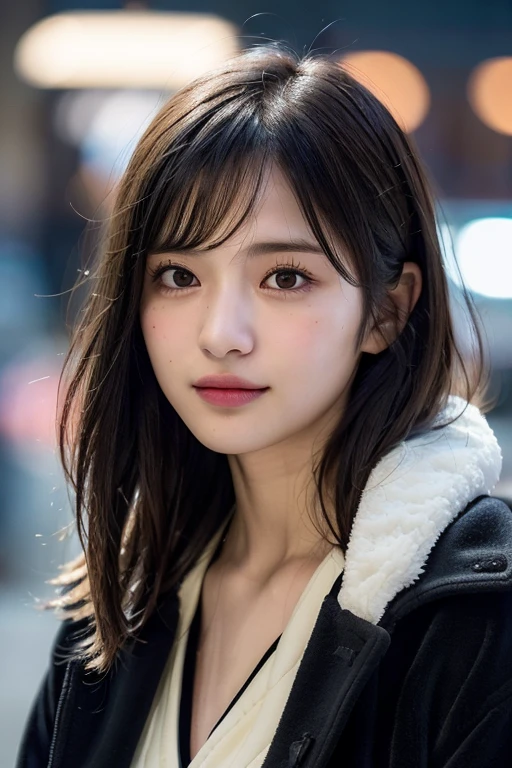 One Girl,(coat:1.4), (one piece:1.4),(RAW Photos, highest quality), (Realistic, Photorealistic:1.4), Tabletop, Very delicate and beautiful, Very detailed, 8k wallpaper, wonderful, In detail, Very detailedなCG Unity, High resolution,Very clear,  Soft Light, Beautifully detailed 19 year old girl, Very detailedな目と顔, Beautifully detailed nose, Beautiful fine details,Cinema Lighting,City lights at night,Perfect Anatomy,Slender body,smile  (My hair is messy, Asymmetrical bangs, Black Hair,Medium:1.4)