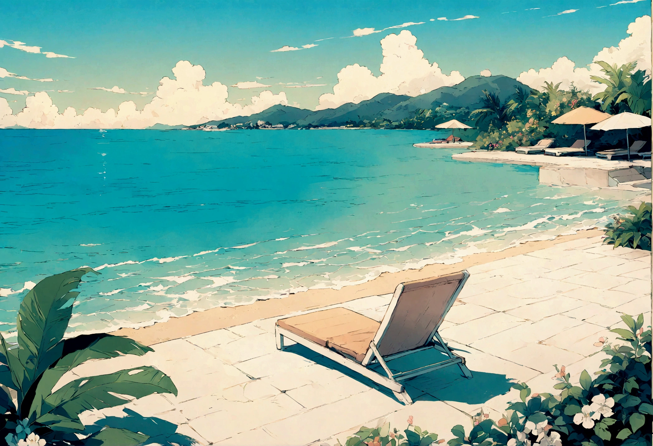 High definition,8K若いmale,landscape,A worldview similar to A Long Vacation,Tropical mood,Poolside,flower,green、pink、white,夏の西海岸やPoolsideをモチーフ夏の西海岸やPoolsideをモチーフ,An illustration,pastel colour,You can see the ocean,Pop Art、Anime-like,male、Beach chair looking at the ocean