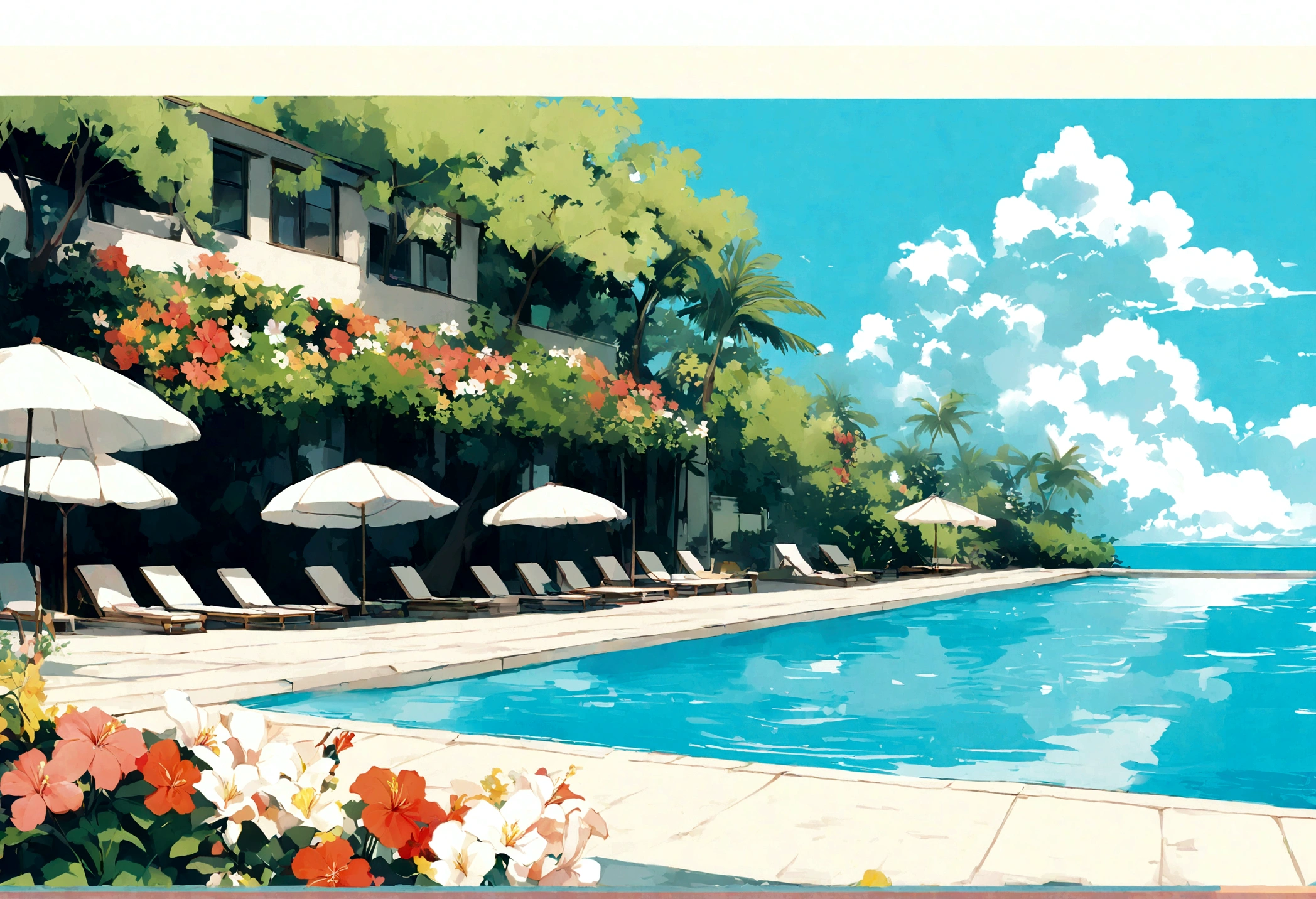 High definition,8K若いmale,landscape,A worldview similar to A Long Vacation,Tropical mood,Poolside,flower,green、pink、white,夏の西海岸やPoolsideをモチーフ夏の西海岸やPoolsideをモチーフ,An illustration,pastel colour,You can see the ocean,Pop Art、Anime-like,male、Beach chair looking at the ocean