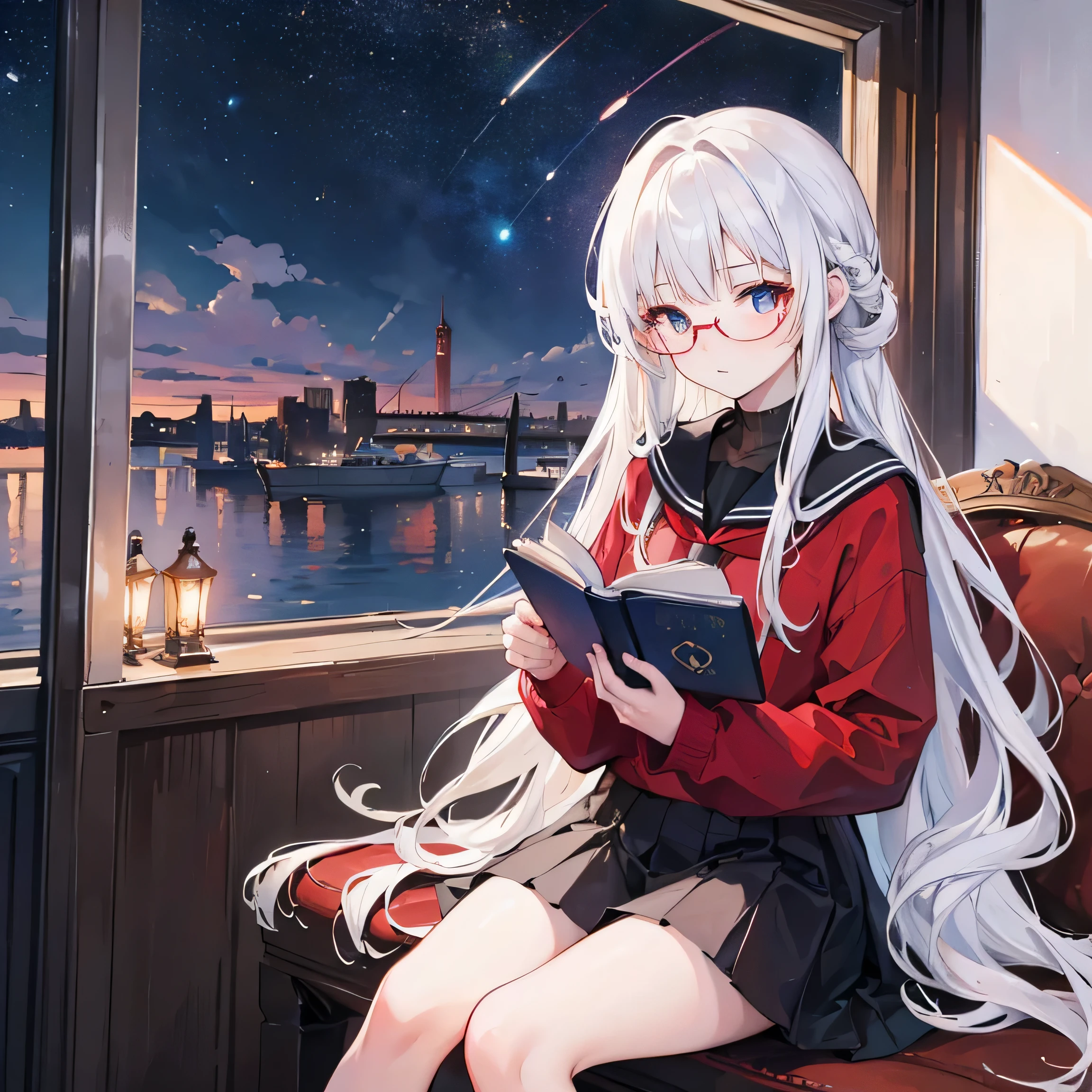 long shot，Overlooking，Depth of Field，masterpiece，best quality，4k，A -yeld giWhite long hair，Red pupils，Glasses，Student clothing，book)，Sitting on the boat，vista city，night，Starry Sky