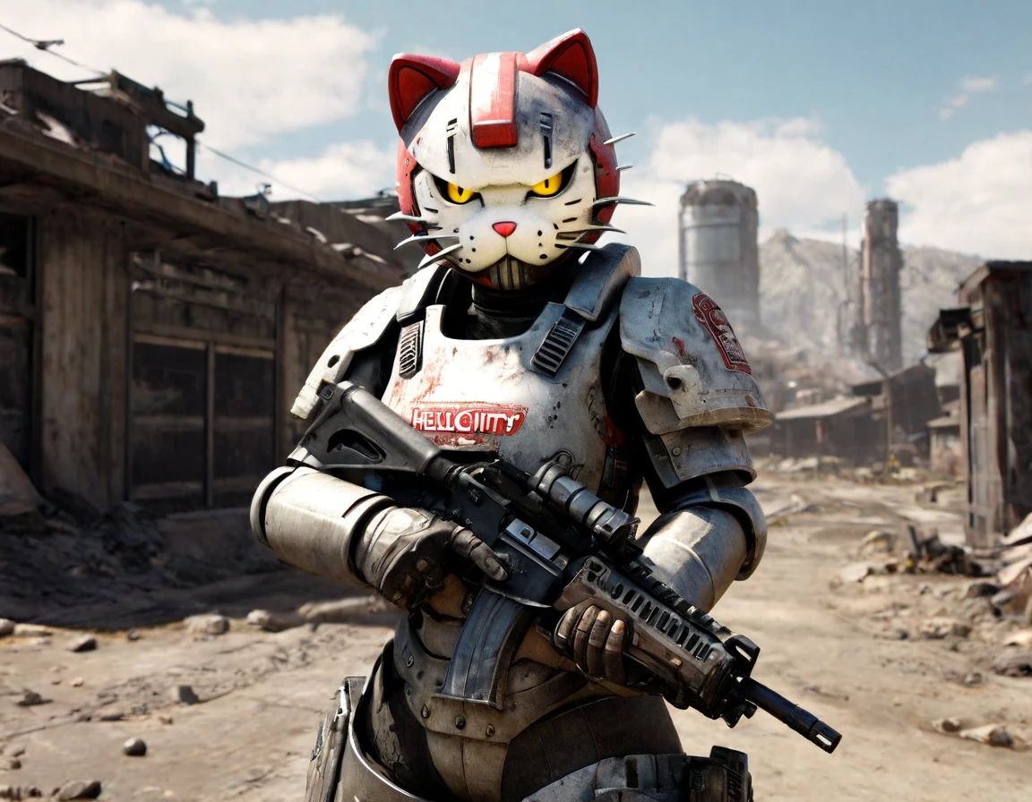 High Resolution, High Quality , Masterpiece. Hello Kitty in Brotherhood of Steel power armor, anime-post-apocalypse "Fallout" style blend, brandishing a firearm with an angry expression, her visage marked by scars, set against a convoluted wasteland backdrop, hyper-realistic details, octane render, imbued with ambient cinematic qualities, boasting an epic composition, creative, elegant, atmospheric, balanced, pristine, gorgeous. ultra fine, brilliance of the stance against an inspired backdrop