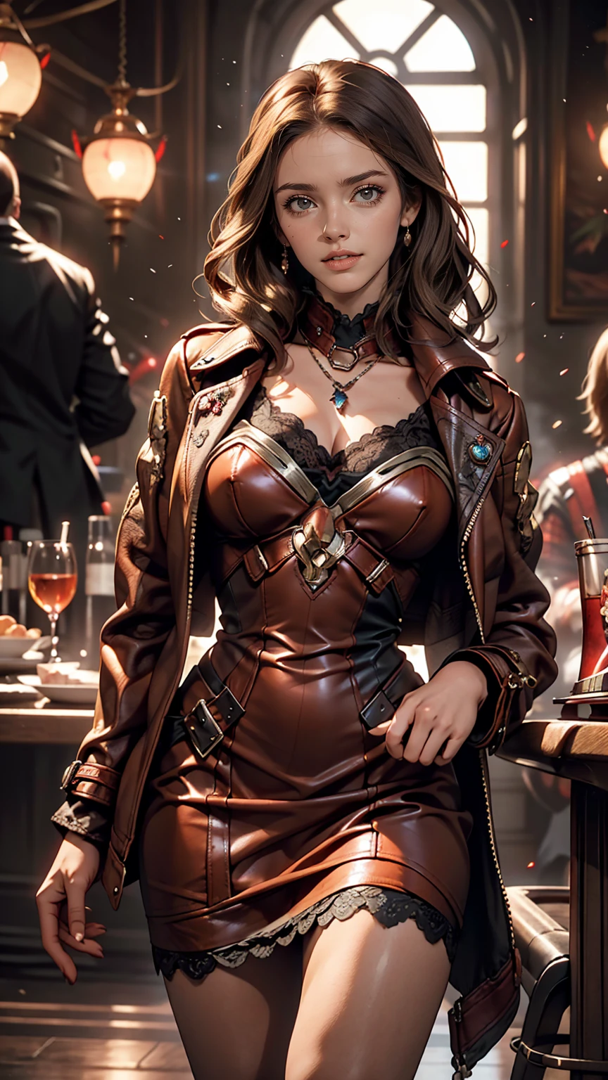 Highly detailed female photos, Lola Elizabeth, Scarlet Witch, the avengers, Wearing a black lace dress, Red leather jacket with an open neckline, 8K Ultra HD, Raw photo, Model photoshoot