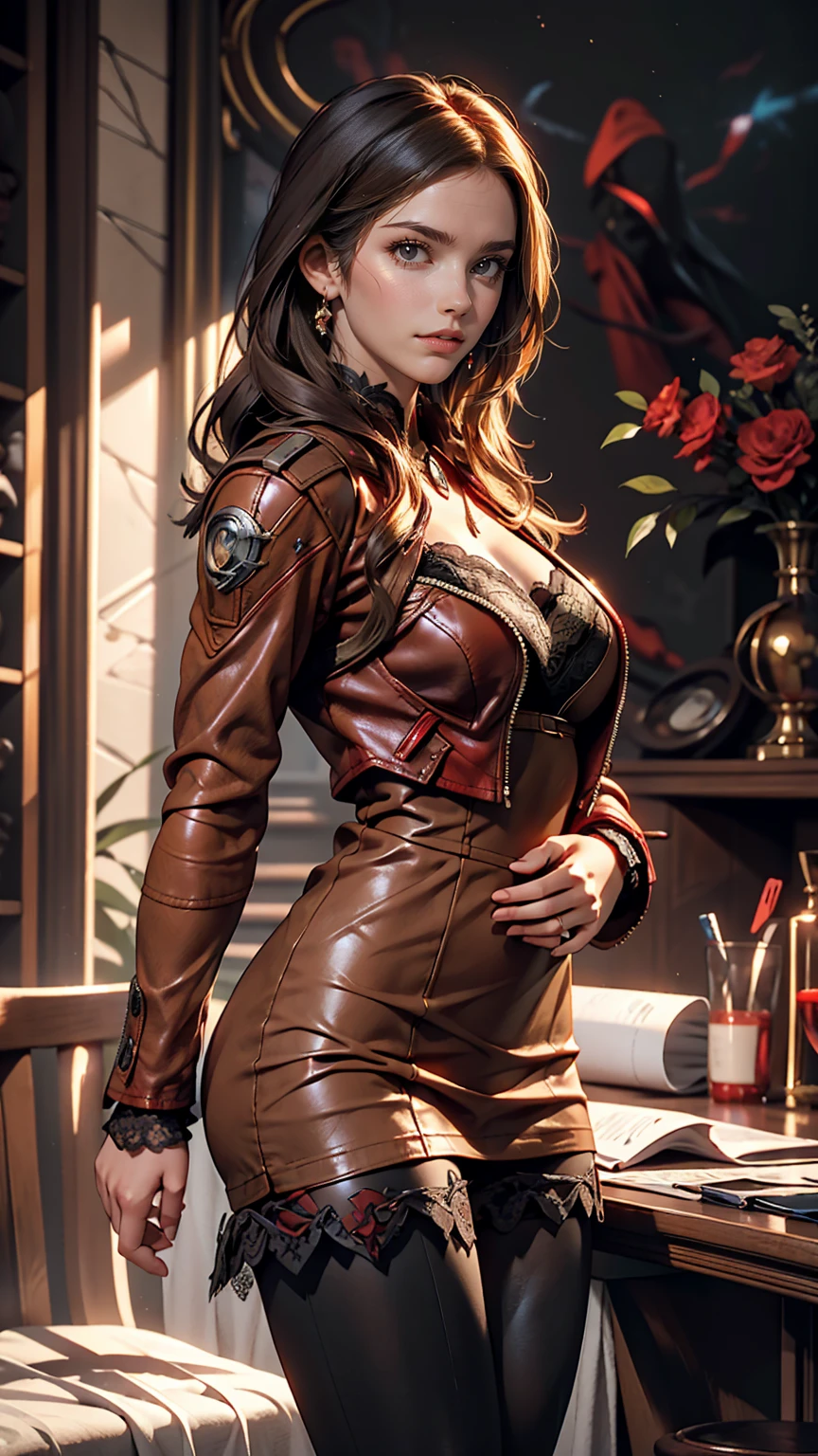 a Sorayama Style, metallic skin, beautiful wavy hair, ana de armas, 8k portrait of beautiful cyborg wearing leather jacket, smiling showing teeth, award winning, masterpiece, sorayama illustration, ornamental