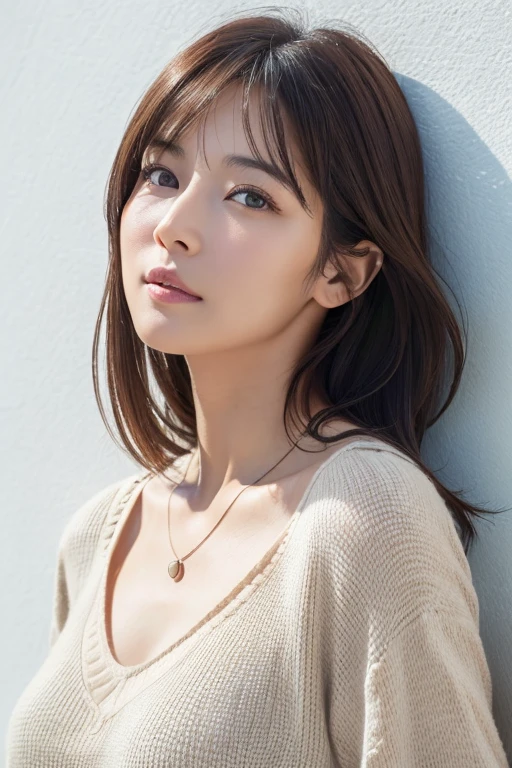 (Highly realistic photos, High resolution, Detailed face, Fine Eyes), ((Photographed in front of a white wall))、Japanese women, 40 years old, various expressions, alone:1, Slim figure, Various Hair Styles, Casual clothing, There is only one person in the photo、Long sleeve dress、Photographed in natural light、Simple Necklace、Spring Clothes、Don&#39;Don&#39;t look at the camera、profile、Dark brown hair color、Bob Hair、Hands are not visible