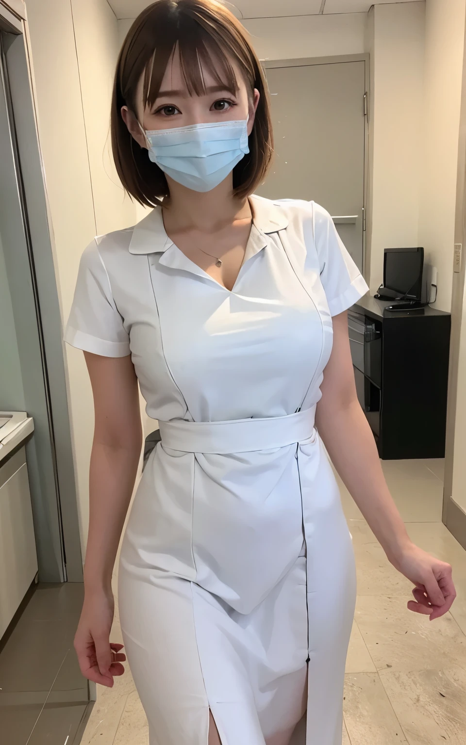 1 girl,(Wearing white nurse clothes:1.2),(RAW Photos, highest quality), (Realistic, photo-Realistic:1.4), masterpiece, Very delicate and beautiful, Very detailed, 2k wallpaper, wonderful, finely, Very detailed CG unity 8k wallpaper, Very detailed, High resolution, Soft Light, Beautiful detailed girl, Very detailed eyes and face, Beautiful and detailed nose, finely beautiful eyes, nurse, Perfect Anatomy, Black Hair, Upstyle, nurse uniform, ((mask)), Long skirt, nurse, White costume, thin, hospital, clear, White Uniform, hospital room, Neck auscultation,Bobcut