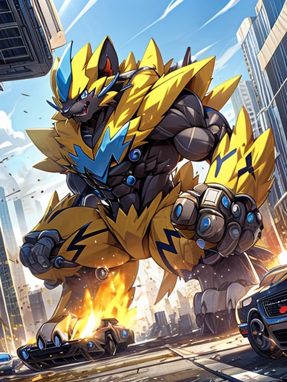 Massive mechanical zeraora rampage through a city, crushing buildings and vehicles beneath their unstoppable metal frames, masterpiece, official art, 8k, best quality, highly detailed, terrifying and imposing design, 