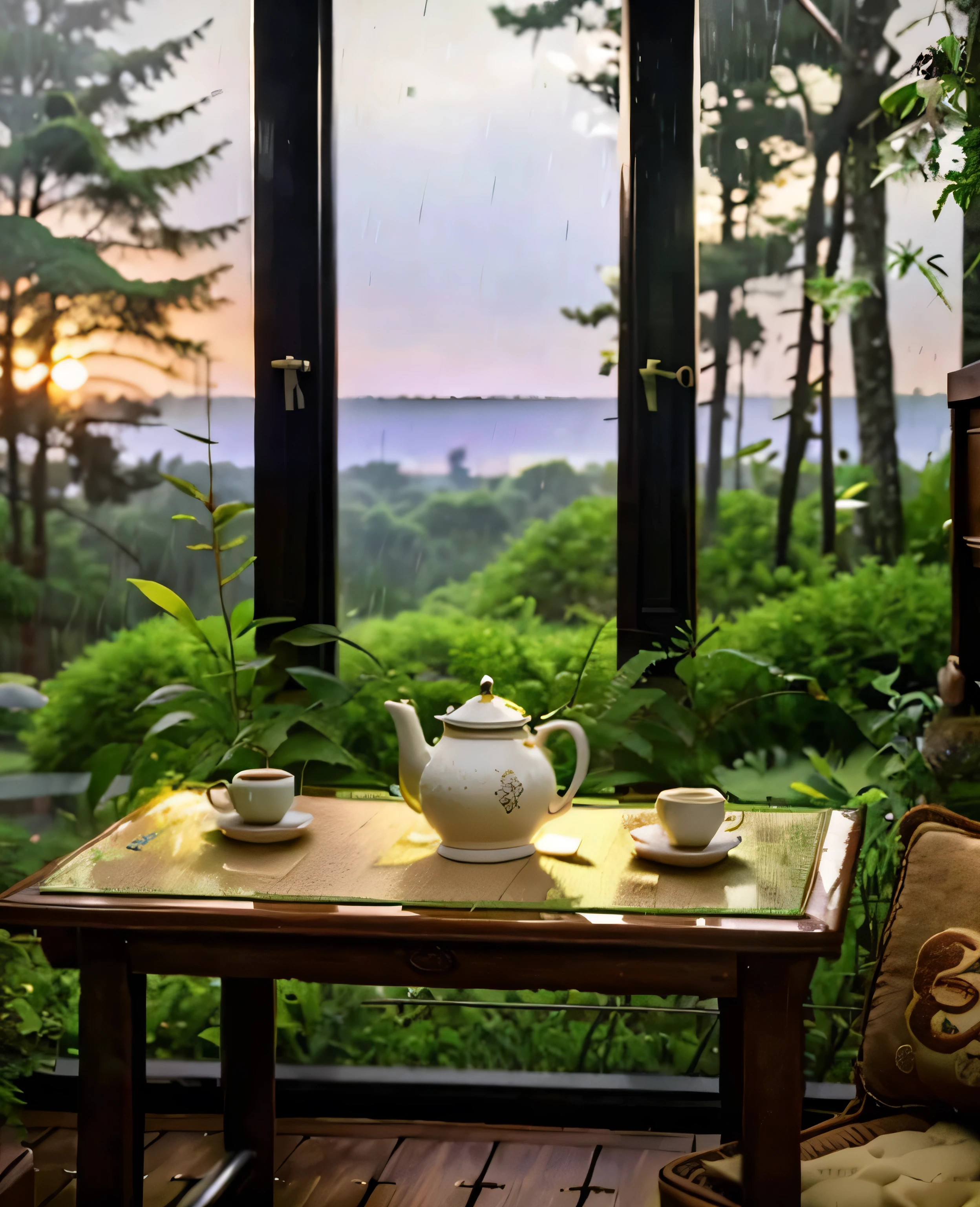 A realistic photo of comfort chair in a terrace of house with a table of a tea pot and biscuits on plate, a view of greenery forest in a rain, retro sunset, high detail, ultra realistic, sharpen