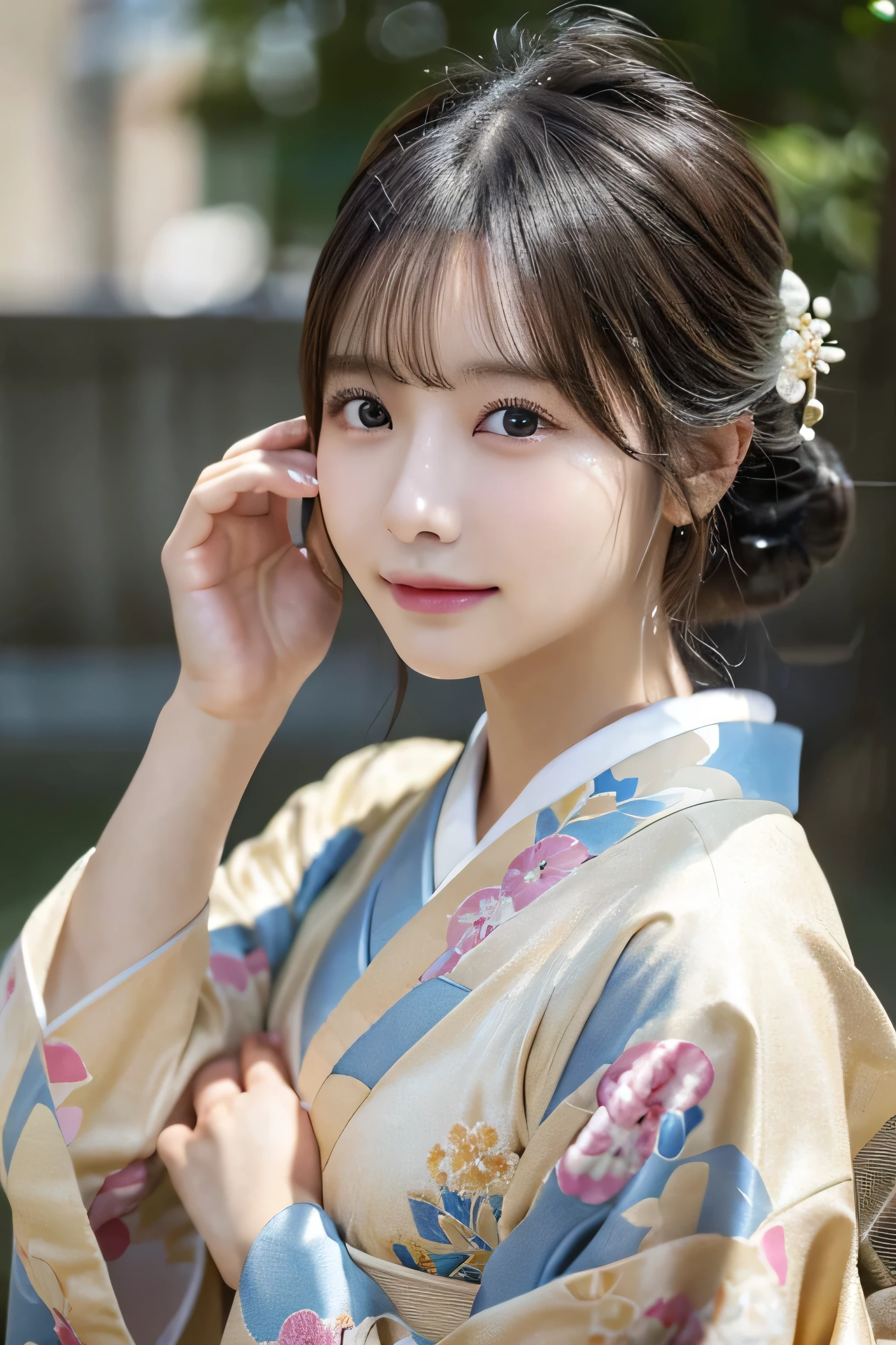 (Kimono)、((35 year old))、randome pose、(top-quality,masterpiece:1.3,超A high resolution,),(ultra-detailliert,Caustics),(Photorealsitic:1.4,RAW shooting,)Ultra-realistic capture,A highly detailed,High resolution 16K human skin closeup、 Skin texture is natural、、The skin looks healthy with an even tone、 Use natural light and color,1 girl,japanes,,kawaii,A dark-haired,Middle hair,,smil,,(depth of fields、chromatic abberation、、Wide range of lighting、Natural Shading、)、