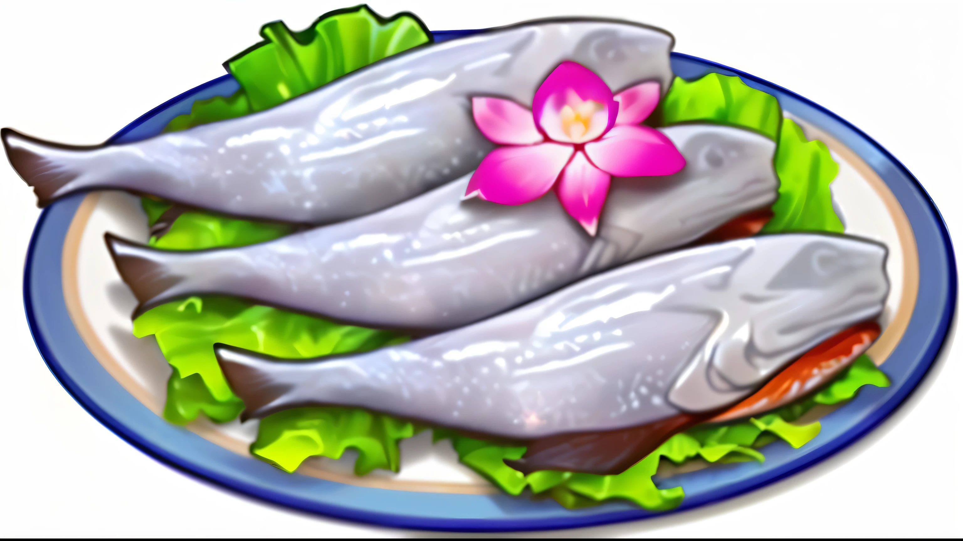 Close up of a plate of fish with lettuce and a flower, ganamo, Inspired by Toshiro Nishida, Aokamei, Black person, in the game image, Very tasty, Shogakukan, ASP, Ukon Sasai Masanao, ( Surreal, salmon, sushi, in the game, Ethereal Eel