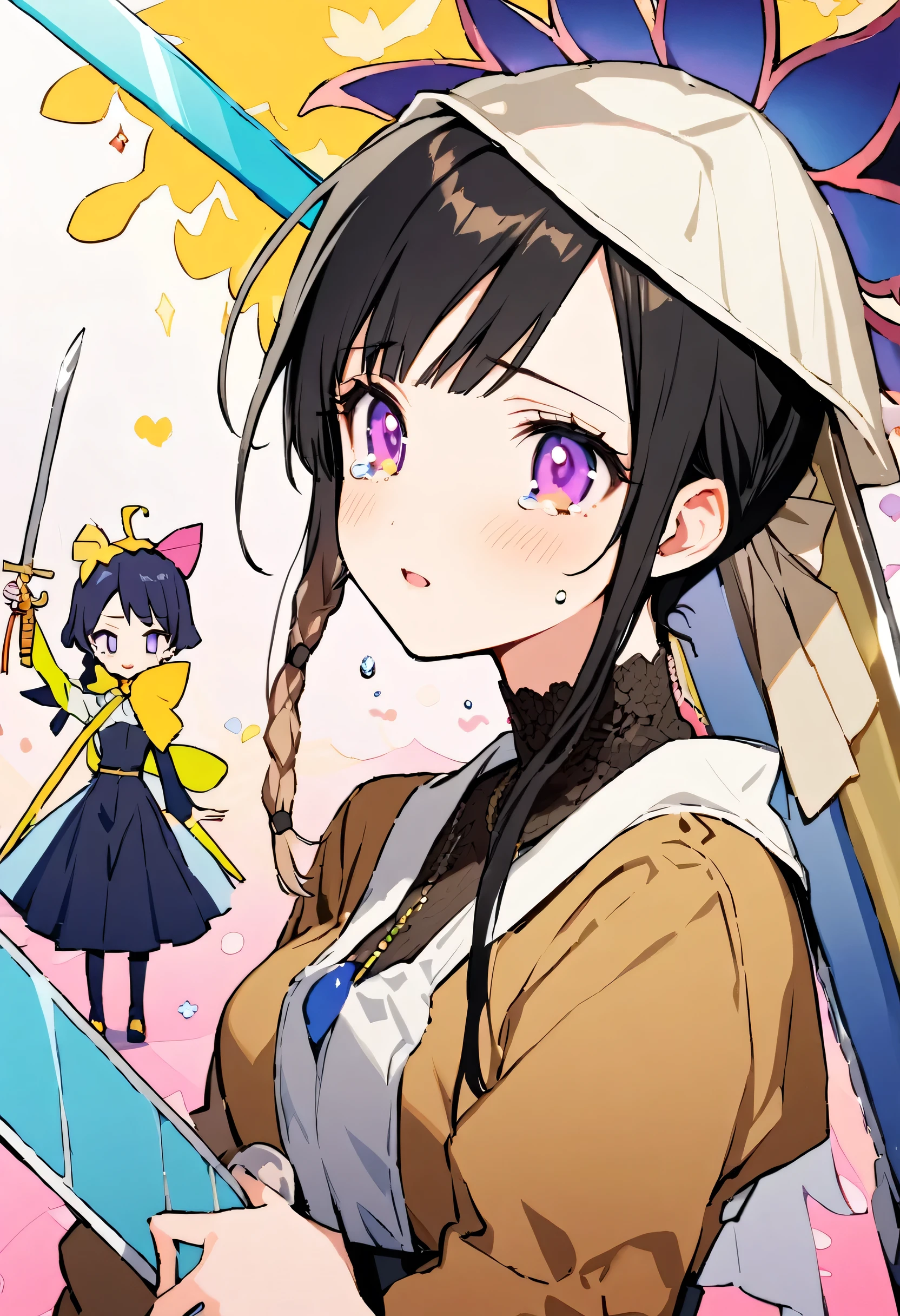 masterpiece, highest quality, Illustration of the novel, High resolution, 18+ Adult content, Sensual, Intimate, Emotional, Passionate, romantic, sweet, Adorable, Innocent, Pure, Charming, Charming, Charm, Mysterious, Charming, Charming, Immersive, Charming, dream-like, Surreal, Imaginative, Whimsical, artistic, Avant-garde, timeless, elegant, Sophisticated, chic, Sophisticated, personality, original, Charming,((Lori:1.3)),((Beautiful Tears))、Upper Body、(Little),(Female Warrior:1.3),Swordsman、Holy sword、Large sword