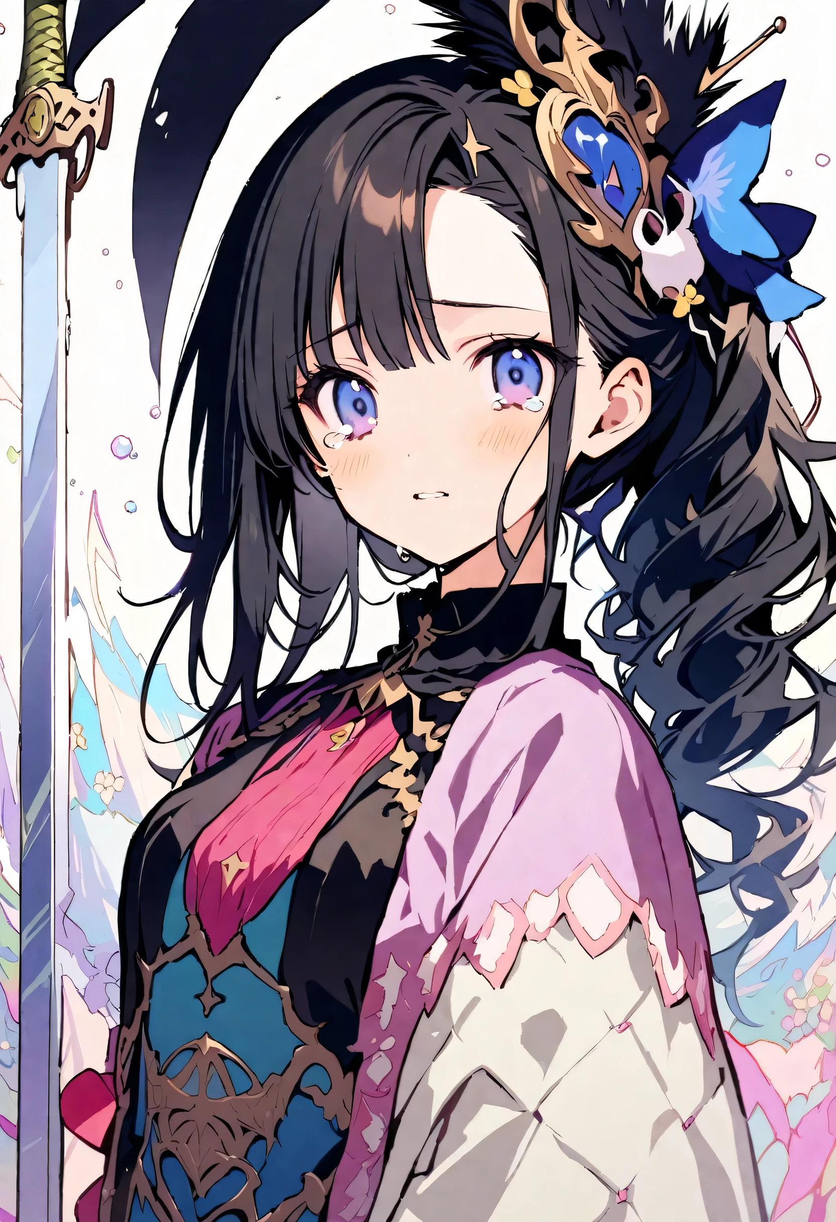 masterpiece, highest quality, Illustration of the novel, High resolution, 18+ Adult content, Sensual, Intimate, Emotional, Passionate, romantic, sweet, Adorable, Innocent, Pure, Charming, Charming, Charm, Mysterious, Charming, Charming, Immersive, Charming, dream-like, Surreal, Imaginative, Whimsical, artistic, Avant-garde, timeless, elegant, Sophisticated, chic, Sophisticated, personality, original, Charming,((Lori:1.3)),((Beautiful Tears))、Upper Body、(Little),(Female Warrior:1.3),Swordsman、Holy sword、Large sword