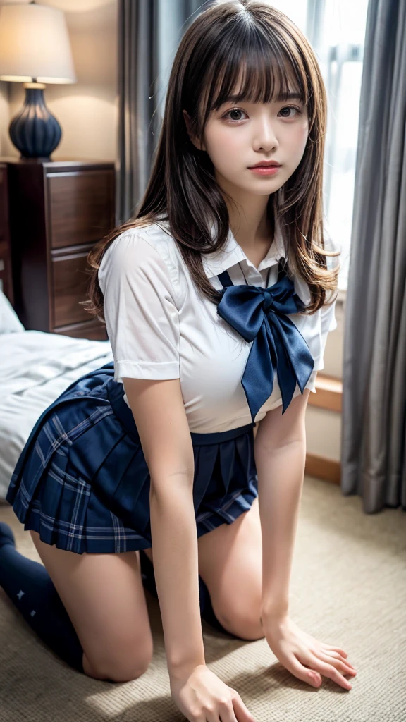 masterpiece, Best Quality, 8K, 20 yo, huge breasts, cuddly, Solo, sad, Cute, Girly, Delicate girl, Neat and clean beauty,  Raw photo, Professional Photography, Portrait, Soft light, Professional Lighting, Back lighting, Upper body, front view, (on all fours, hotel room), Sophisticated, Film grain, (Eyes and faces with detailed:1.0), short length floating hair, beautiful flowing hair, bangs, High school girl uniform、Super Short Check Uniform Skirt、Navy blue high socks, Colossal tits、Don't expose it, expresses the roundness and softness of your chest., Protruding big, Erotic shorts, Standing Elegantly、beautiful thick legs