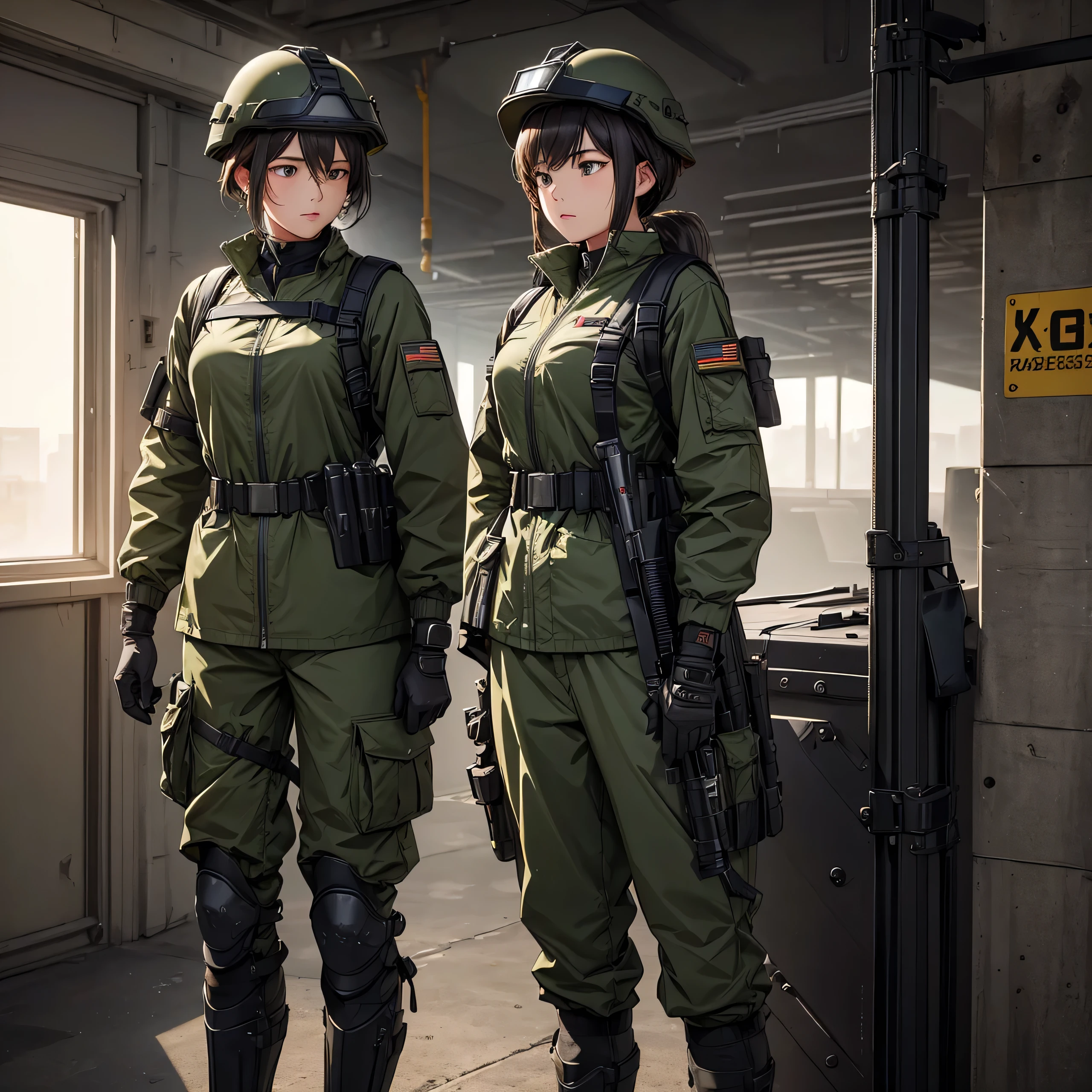 Two female soldiers wearing helmets standing guard、Two black rubber shoulder straps crisscross、Dark green M51 jacket、upright、Magazine Pouch、military trousers、Knee pads、Tactical gloves、Write details、masterpiece、best quality、Highly detailed CG、8K picture quality、theater lighting、lens flare