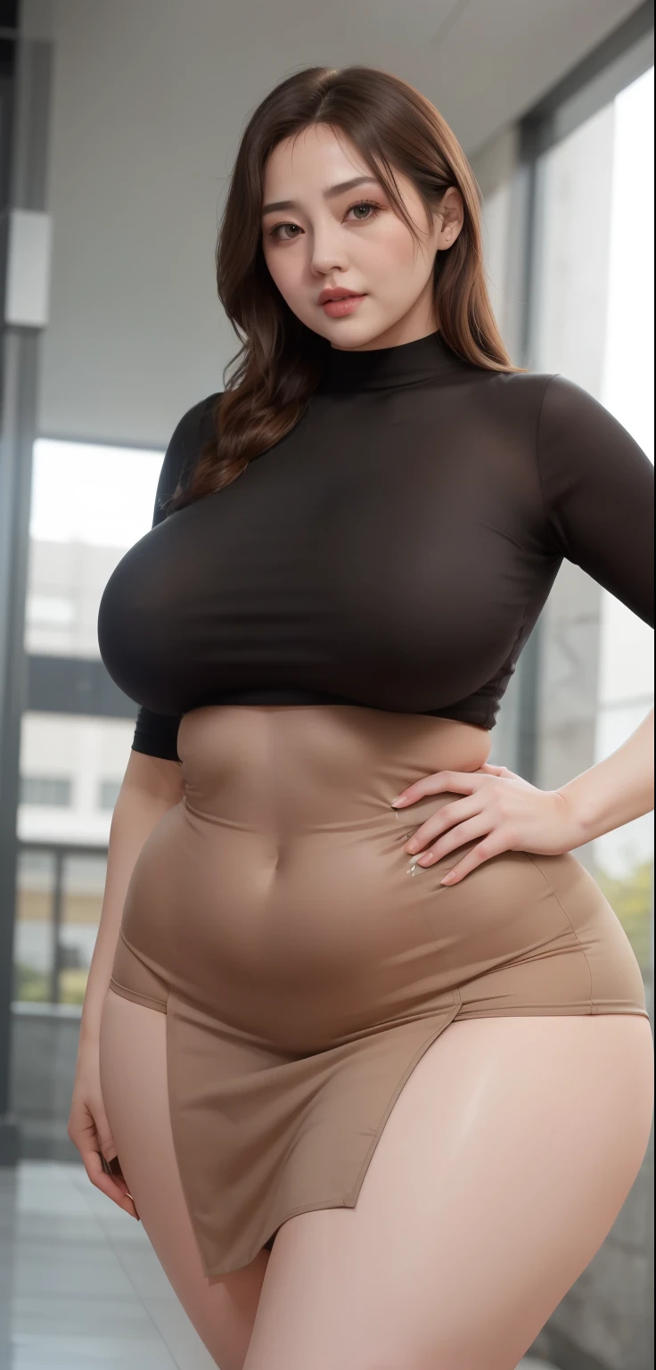 a woman in a skirt posing for a picture, curvy hourglass figure, wearing tight simple clothes, good hips and long legs, curvy model, very sexy outfit, perfectly proportioned, thick legs, thick body, seductively looking in front, massive legs towering over you, tight attire, thicc, wide hips, widest hips, full body, chubby cheeks, mature face