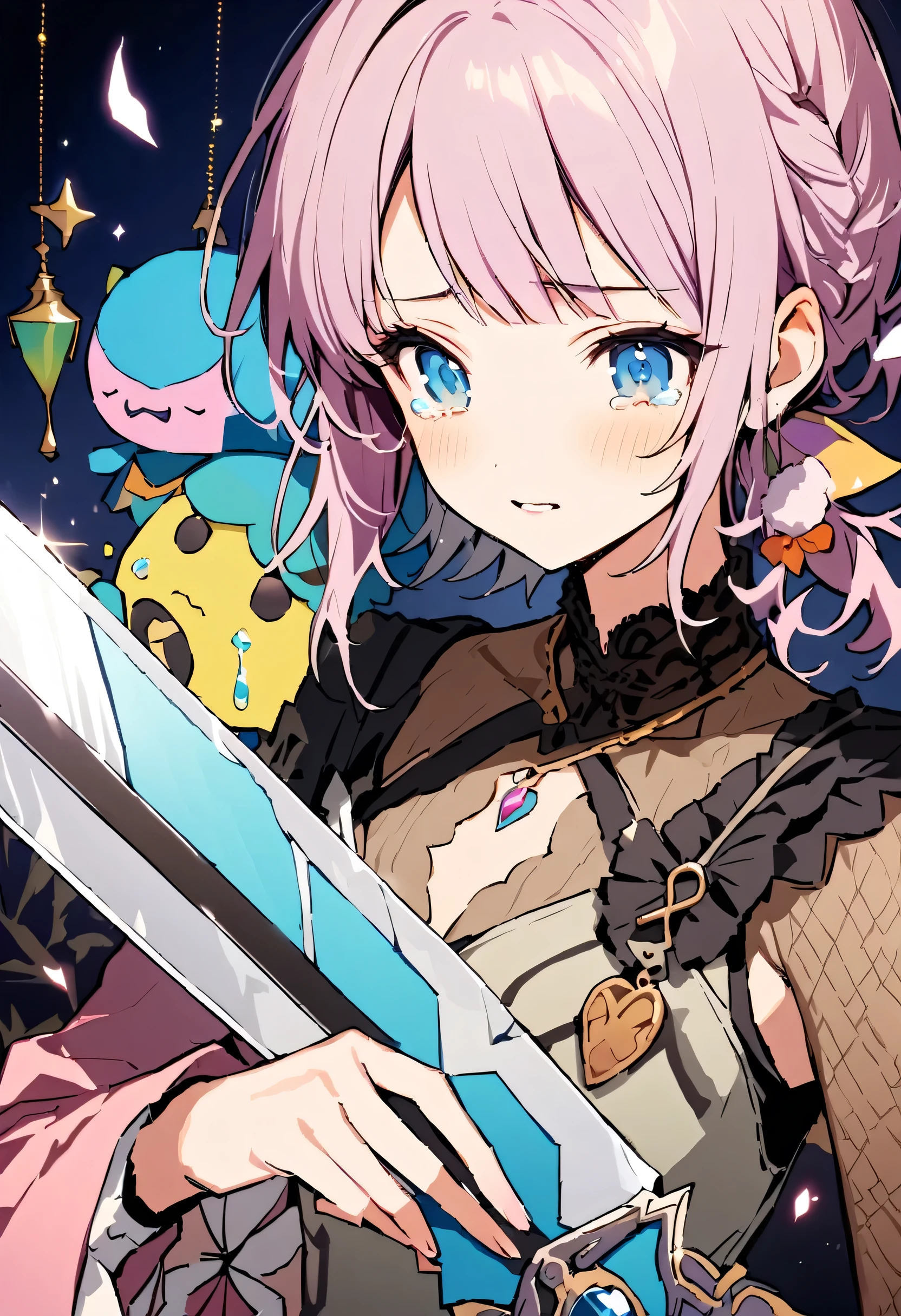masterpiece, highest quality, Illustration of the novel, High resolution, 18+ Adult content, Sensual, Intimate, Emotional, Passionate, romantic, sweet, Adorable, Innocent, Pure, Charming, Charming, Charm, Mysterious, Charming, Charming, Immersive, Charming, dream-like, Surreal, Imaginative, Whimsical, artistic, Avant-garde, timeless, elegant, Sophisticated, chic, Sophisticated, personality, original, Charming,((Lori:1.3)),((Beautiful Tears))、Upper Body、(Little),(Female Warrior:1.3),Swordsman、Holy sword、Large sword