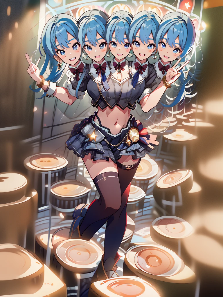 (masterpiece, best quality), best resolution, 16k, (2heads:2.0), close-up, 1girl, solo, HoshimachiSuisei, side ponytail, blue hair ribbon, SuiseiBase, plaid beret, crown, star earrings, plaid top, crop top, plaid miniskirt, layered miniskirt, partially fingerless gloves, star bracelet, exposed thighs , standing, (raise arms, two hands make peace sign, two hands close to head), (smile, close mouth, teeth), dacing, jumping, ((heads look at each other, cheek to cheek)), exciting, concert stage, starfield, spotlight, open belly, midriff, exposed midriff, bare thighs, sexy