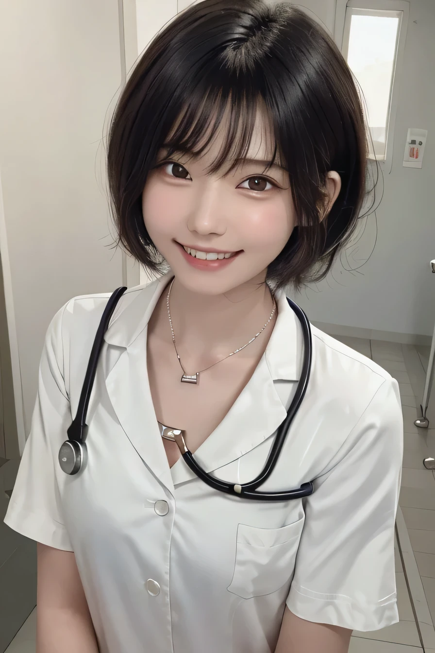 205 ((short hair)), 20-year-old female, Surrealism, Flower Smile、Gums are visible、Beautiful teeth alignment、Black Hair、ear piercing、Necklace around the neck、White、Stethoscope、Smiling with teeth showing、The background is in the room、
