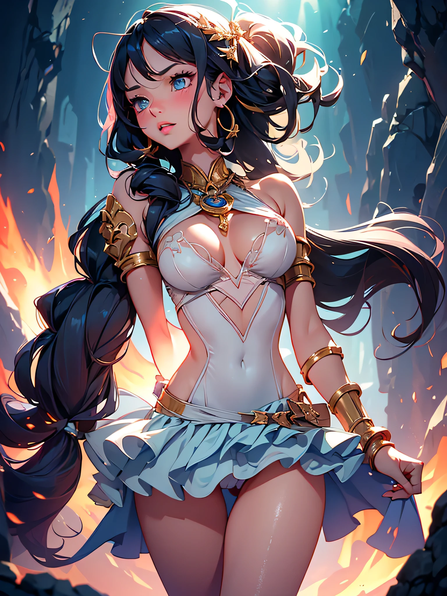 :1.1,high resolution:1.7,incredibly absurdres,kawaii:1,cute:1.5, masterpiece:1.2,best quality,high quality,exquisite,insanely and intricate detailed,extremely detailed,Super Definition,ultra high res,Super Resolution,best aesthetic,ultra detailed:1.5,perfect and detailed face, illustration:1.2,8k cg wallpaper,stunning art,absurdres,octane render,ultra hires,she is paladin,(1 girl),16yo,Beautiful face,cute girl,((loli girl)),((extremely cute and beautiful black hair)), seductive young girl,kawaii,female focus,full body,(perfect body),the girl exudes confidence and elegance,Her pose and expression convey a sense of empowerment and strength.{(Two-toned hair with gold and light red tips),long hair,shining hair;1.4,neat hairstyle},She has long eyelashes that add to her captivating appearance,(wide eyes,big green eyes,enchanting bright eyes studded with gold and silver dust),(finely detailed beautiful eyes),wet crystal eyes),light Red eyeshadow,highly detailed face and hair,a well-defined nose,pinky glowing and smooth skin,(faint and plump lips),standing,fighting stance,fist in hand,fist bump,open mouth,upward ,pointy ,(very puffy soft ),she's waist slender,{((hands with perfect five fingers, two beautiful perfectly shaped arms and legs, perfect : 1.3)),(Pink cyber suit with micro skirt,skimpy,gold accents),(white side-tie panties),((see through)), shot,((detailed )),(((girl trembling with ))),smile,(aroused),,garter belt,Stockings, shoulders,Torn clothes,midriff peek,allure pose,black Choker with chains,bracelet with chains,silver earrings,emphasizing her facial expression and beautiful body lines,Blushing face,dynamic angle,striking angle,from below,sweat,perspired,steam,wet,fantasy,in cave with tentacles,creating a visually stunning effect,adding to the overall appeal,excited expression towards the camera,psychedelic,sword,sandal,Hestia (DanMachi)