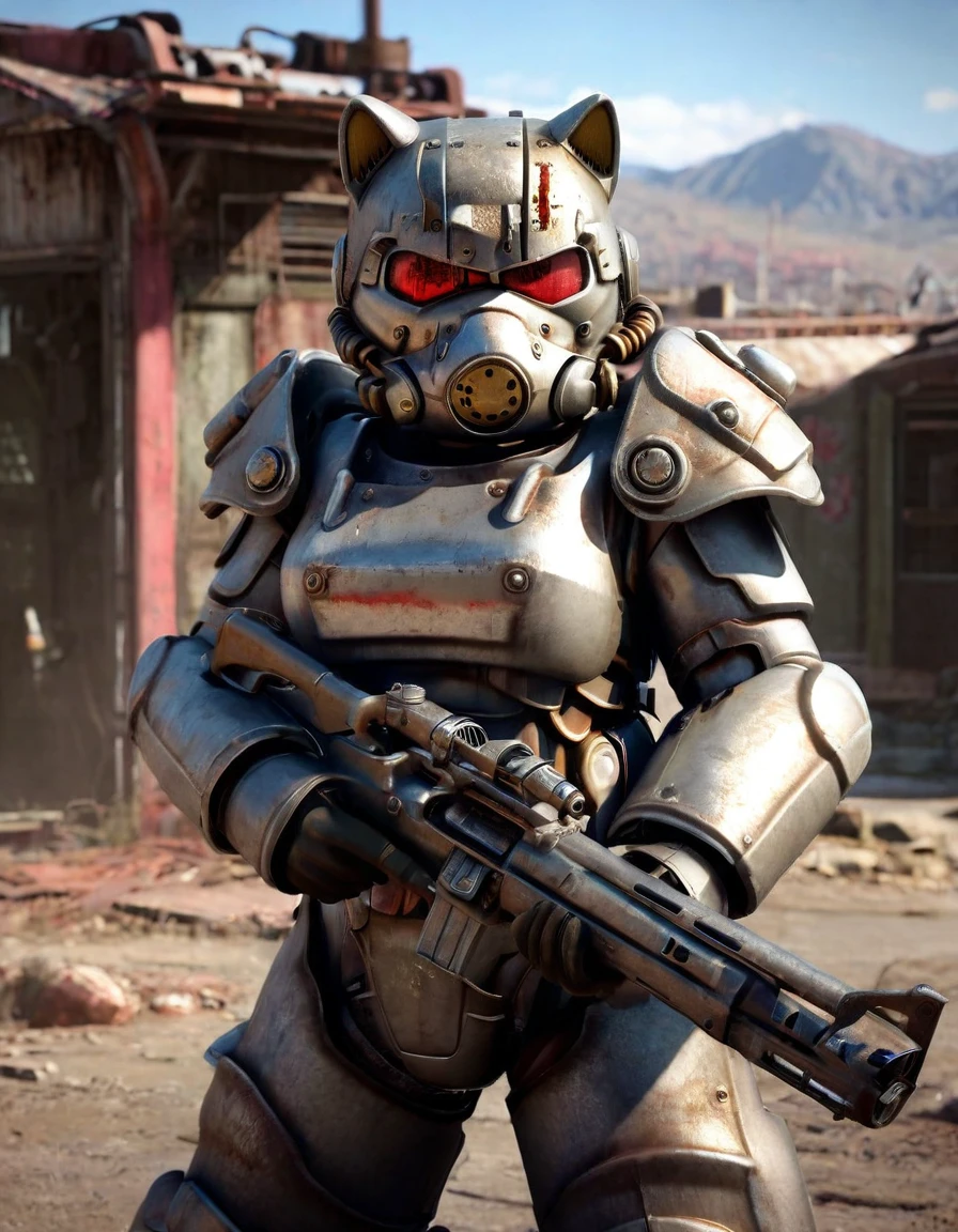 High Resolution, High Quality , Masterpiece. Hello Kitty in Brotherhood of Steel power armor, anime-post-apocalypse "Fallout" style blend, brandishing a firearm with an angry expression, her visage marked by scars, set against a convoluted wasteland backdrop, hyper-realistic details, octane render, imbued with ambient cinematic qualities, boasting an epic composition, creative, elegant, atmospheric, balanced, pristine, gorgeous. ultra fine, brilliance of the stance against an inspired backdrop