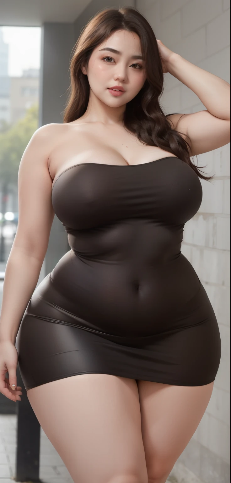 a woman in a skirt posing for a picture, curvy hourglass figure, wearing tight simple clothes, good hips and long legs, curvy model, very sexy outfit, perfectly proportioned, thick legs, thick body, seductively looking in front, massive legs towering over you, tight attire, thicc, wide hips, widest hips, full body, chubby cheeks, mature face