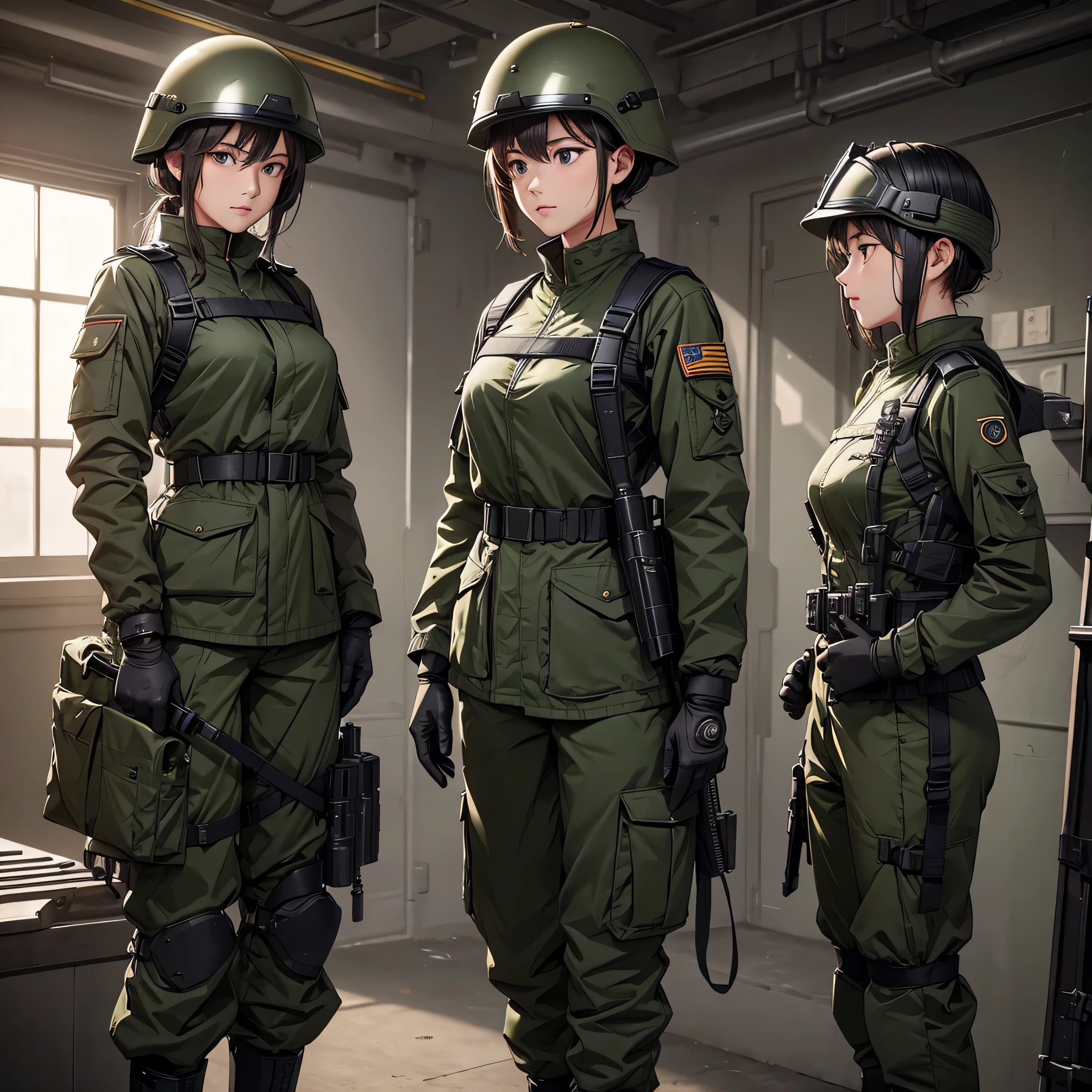 Three female soldiers wearing helmets standing guard、Two black rubber shoulder straps crisscross、Dark green M51 jacket、upright、Magazine Pouch、military trousers、No knee pads、Tactical gloves、Write details、masterpiece、best quality、Highly detailed CG、8K picture quality、theater lighting、lens flare