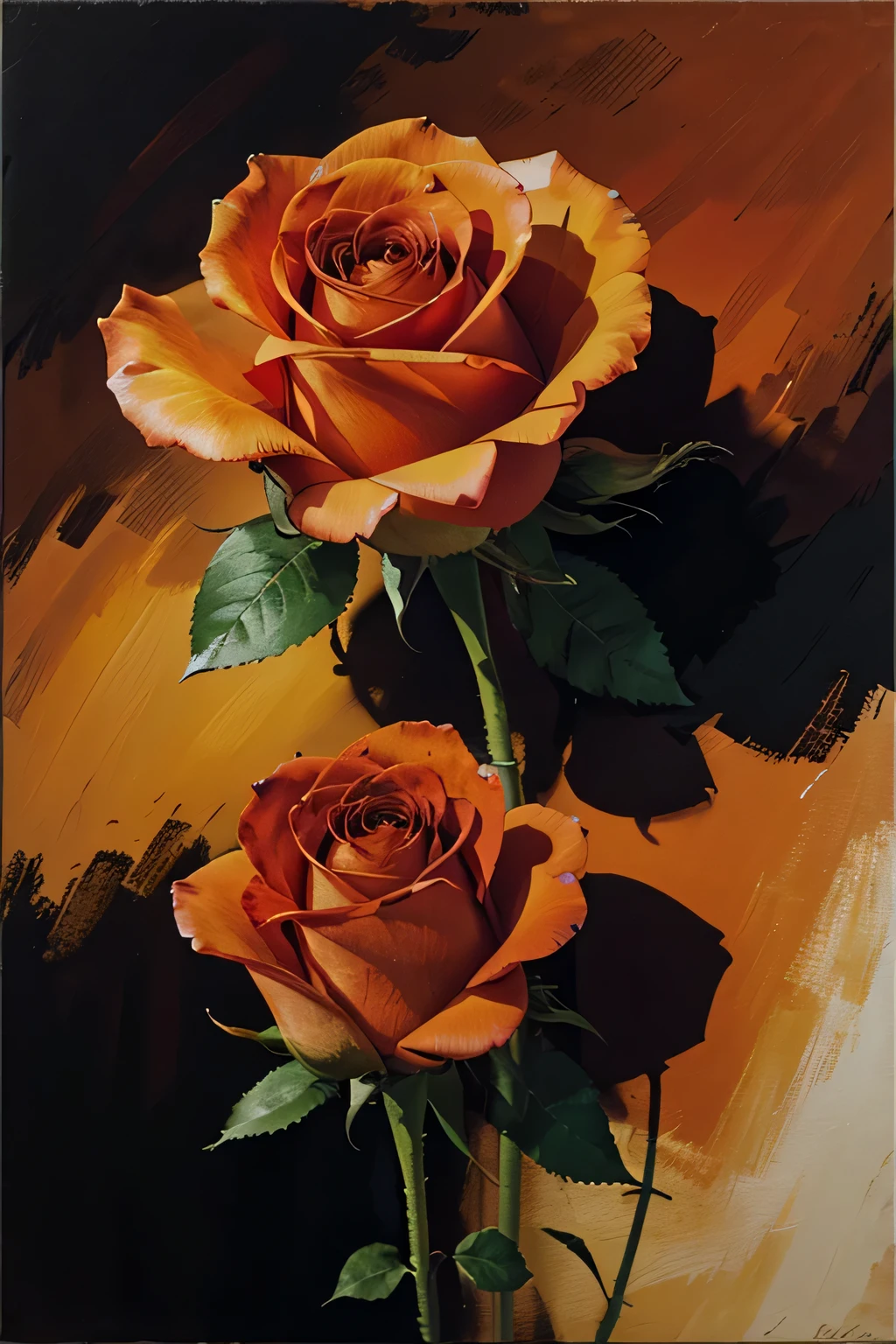 roses, orange background, oil painting, rough stroke, line graphic, geomatric, generate an image with the rich texture and thick brushstrokes characteristic of an oil painting. Emphasize the thick brushstrokes spread across the entire canvas, blending of colors, and the play of shadows