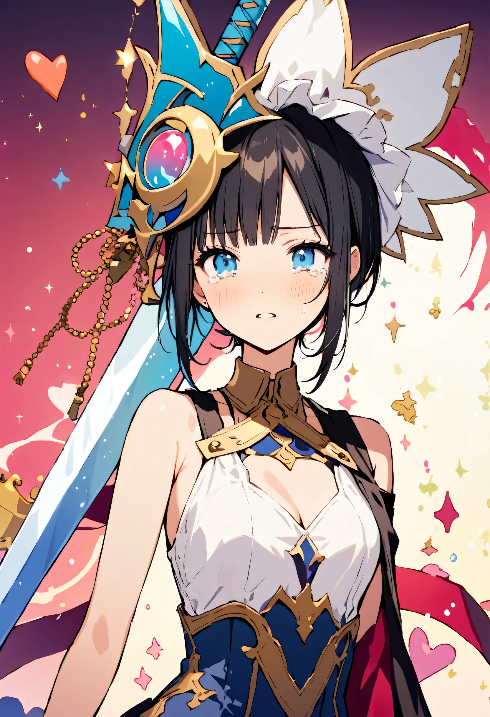 masterpiece, highest quality, Illustration of the novel, High resolution, 18+ Adult content, Sensual, Intimate, Emotional, Passionate, romantic, sweet, Adorable, Innocent, Pure, Charming, Charming, Charm, Mysterious, Charming, Charming, Immersive, Charming, dream-like, Surreal, Imaginative, Whimsical, artistic, Avant-garde, timeless, elegant, Sophisticated, chic, Sophisticated, personality, original, Charming,((Lori:1.3)),((Beautiful Tears))、Upper Body、(Little),(Female Warrior:1.3),Swordsman、Holy sword、Large sword