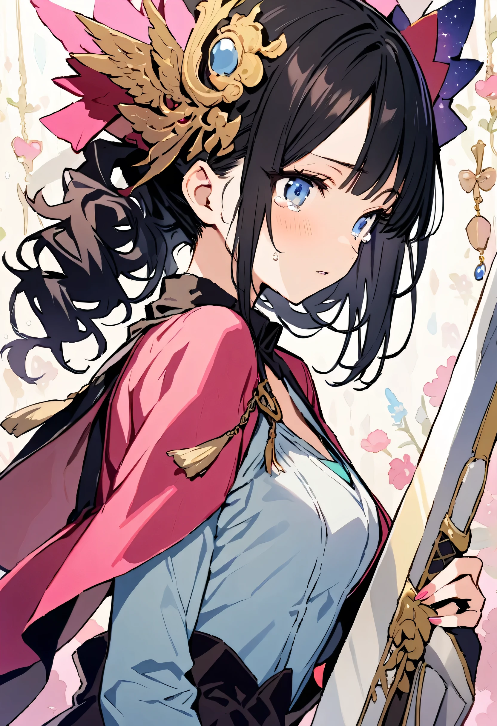 masterpiece, highest quality, Illustration of the novel, High resolution, 18+ Adult content, Sensual, Intimate, Emotional, Passionate, romantic, sweet, Adorable, Innocent, Pure, Charming, Charming, Charm, Mysterious, Charming, Charming, Immersive, Charming, dream-like, Surreal, Imaginative, Whimsical, artistic, Avant-garde, timeless, elegant, Sophisticated, chic, Sophisticated, personality, original, Charming,((Lori:1.3)),((Beautiful Tears))、Upper Body、(Little),(Female Warrior:1.3),Swordsman、Holy sword、Large sword