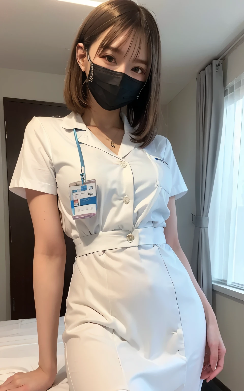 1 girl,(Wearing white nurse clothes:1.2),(RAW Photos, highest quality), (Realistic, photo-Realistic:1.4), masterpiece, Very delicate and beautiful, Very detailed, 2k wallpaper, wonderful, finely, Very detailed CG unity 8k wallpaper, Very detailed, High resolution, Soft Light, Beautiful detailed girl, Very detailed eyes and face, Beautiful and detailed nose, finely beautiful eyes, nurse, Perfect Anatomy, Black Hair, Upstyle, nurse uniform, ((mask)), Long skirt, nurse, White costume, thin, hospital, clear, White Uniform, hospital room, Neck auscultation,Bobcut