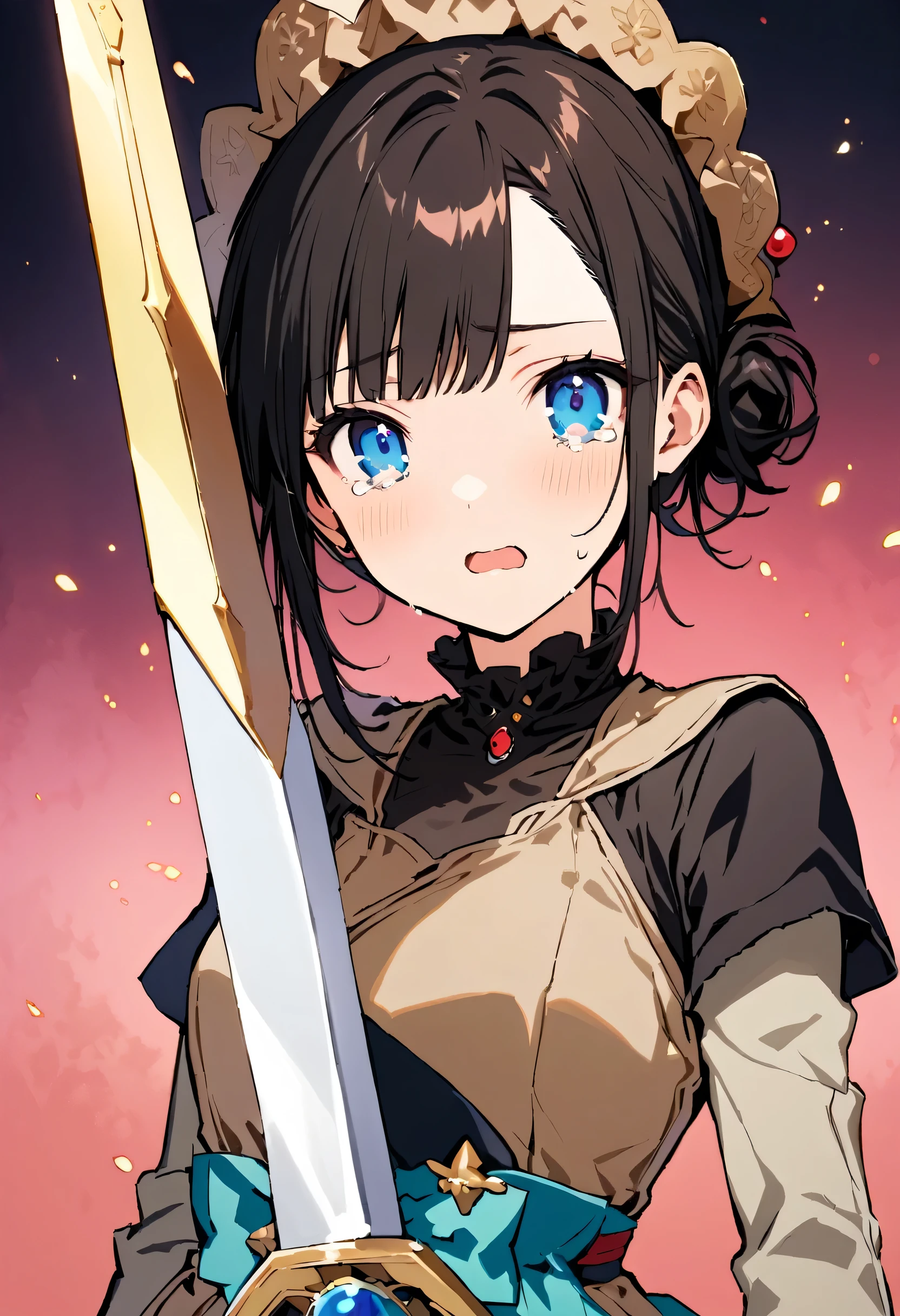 masterpiece, highest quality, Illustration of the novel, High resolution, 18+ Adult content, Sensual, Intimate, Emotional, Passionate, romantic, sweet, Adorable, Innocent, Pure, Charming, Charming, Charm, Mysterious, Charming, Charming, Immersive, Charming, dream-like, Surreal, Imaginative, Whimsical, artistic, Avant-garde, timeless, elegant, Sophisticated, chic, Sophisticated, personality, original, Charming,((Lori:1.3)),((Beautiful Tears))、Upper Body、(Little),(Female Warrior:1.3),Swordsman、Holy sword、Large sword