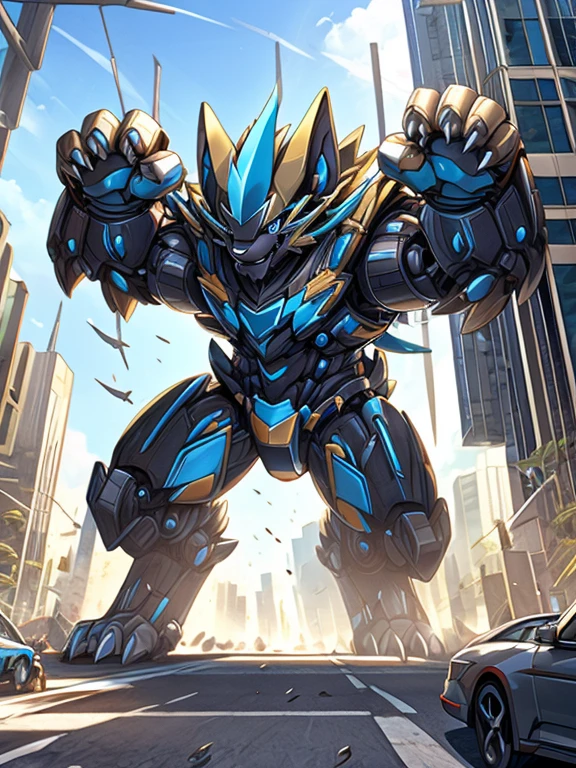 Massive mechanical zeraora rampage through a city, crushing buildings and vehicles beneath their unstoppable metal frames, masterpiece, official art, 8k, best quality, highly detailed, terrifying and imposing design, A man wearing a full-face helmet, a fantasy-style biotech armored combat suit, 