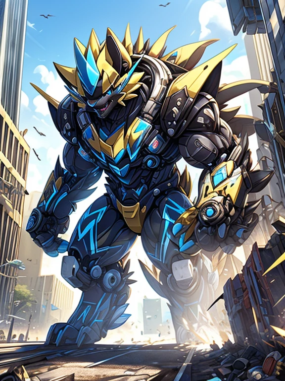 Massive mechanical zeraora rampage through a city, crushing buildings and vehicles beneath their unstoppable metal frames, masterpiece, official art, 8k, best quality, highly detailed, terrifying and imposing design, A man wearing a full-face helmet, a fantasy-style biotech armored combat suit, 