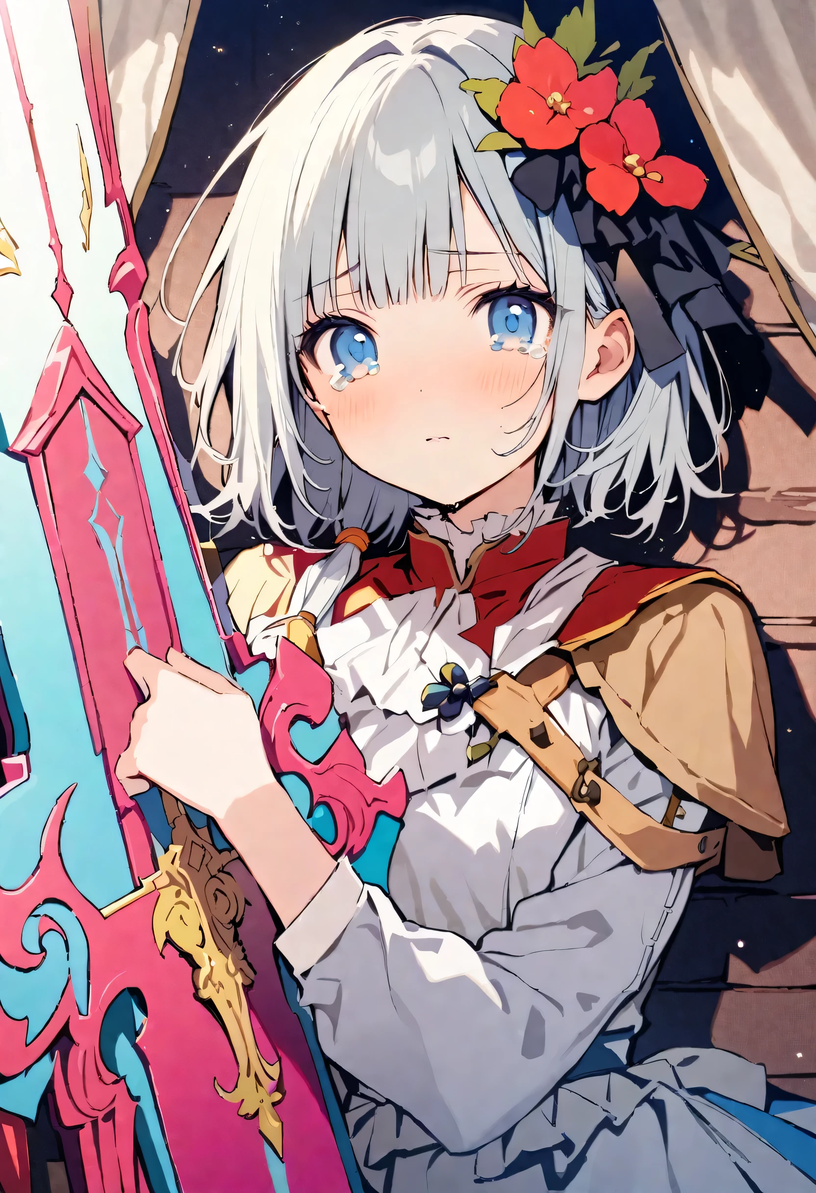 masterpiece, highest quality, Illustration of the novel, High resolution, 18+ Adult content, Sensual, Intimate, Emotional, Passionate, romantic, sweet, Adorable, Innocent, Pure, Charming, Charming, Charm, Mysterious, Charming, Charming, Immersive, Charming, dream-like, Surreal, Imaginative, Whimsical, artistic, Avant-garde, timeless, elegant, Sophisticated, chic, Sophisticated, personality, original, Charming,((Lori:1.3)),((Beautiful Tears))、Upper Body、(Little),(Female Warrior:1.3),Swordsman、Holy sword、Large sword