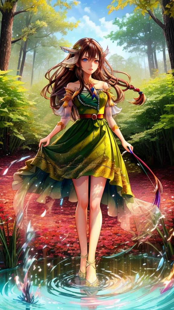 Create a mystic Fairy with brown hair in dreadlock style wearing green leaf dress she standing in water and in her Background are fire and forrest