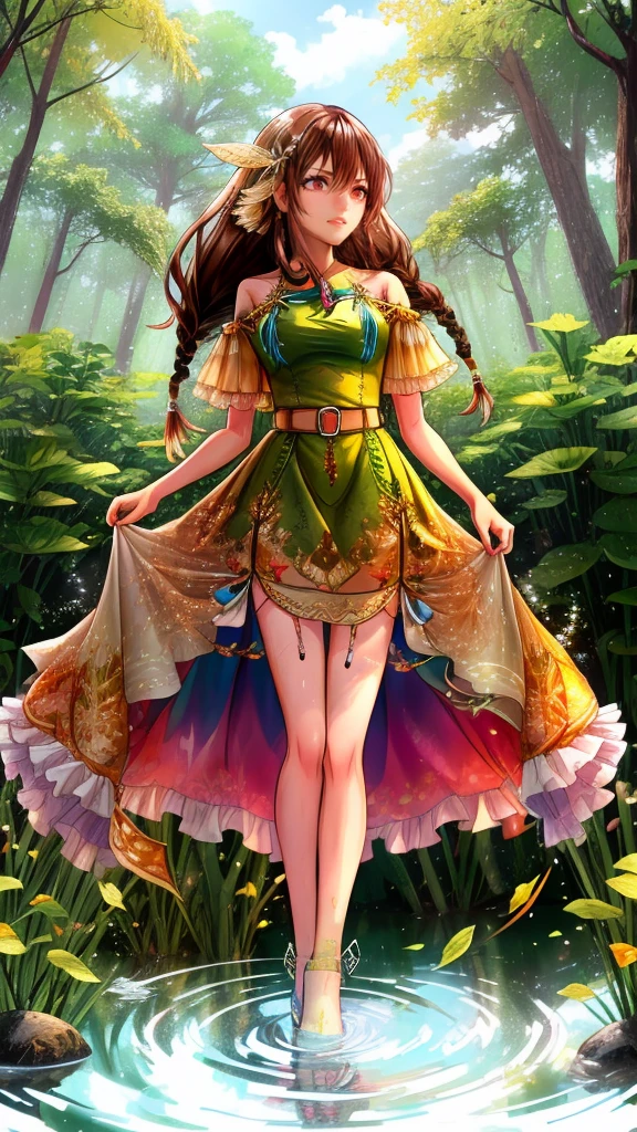 Create a mystic Fairy with brown hair in dreadlock style wearing green leaf dress she standing in water and in her Background are fire and forrest