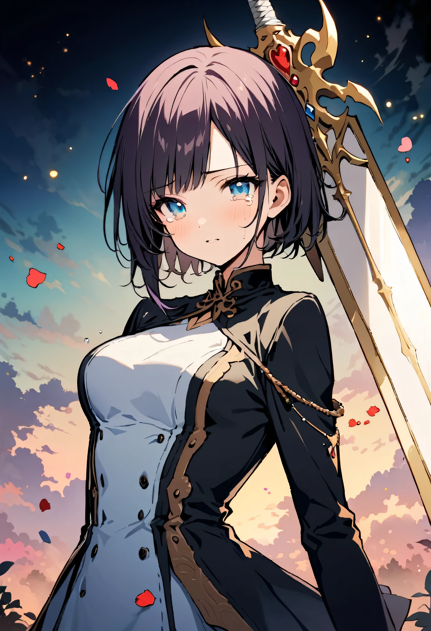 masterpiece, highest quality, Illustration of the novel, High resolution, 18+ Adult content, Sensual, Intimate, Emotional, Passionate, romantic, sweet, Adorable, Innocent, Pure, Charming, Charming, Charm, Mysterious, Charming, Charming, Immersive, Charming, dream-like, Surreal, Imaginative, Whimsical, artistic, Avant-garde, timeless, elegant, Sophisticated, chic, Sophisticated, personality, original, Charming,((Lori:1.3)),((Beautiful Tears))、Upper Body、(Little),(Female Warrior:1.3),Swordsman、Holy sword、Large sword