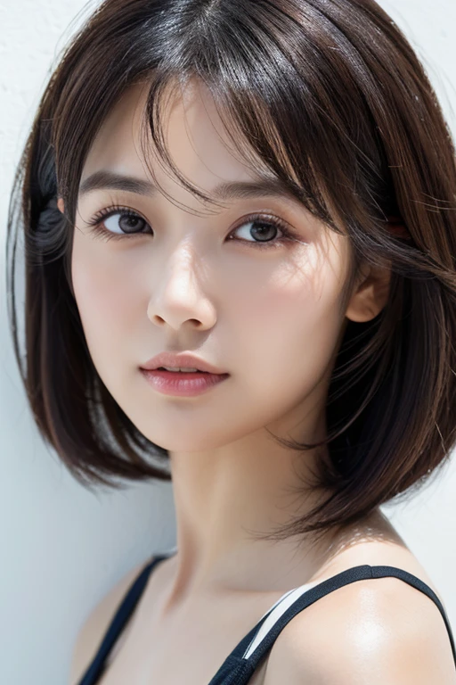 Stylish short sleeve top、Silky Hair、30-year-old woman(背景にWhite wall、Straight hair:1.4)、White wall、In front of the white door、(窓のあるWhite wallの部屋)、((highest quality、8k、masterpiece:1.3))、Ultra-high resolution、(photoGenuineistic:1.4)、RAW Photos、Japanese,(detailed aspects)、Genuine、Photographed in natural light、Highly detailed face and skin texture、Highly detailed lips、The correct state of the human body、Medium Hair、Black Hair、Mr..々Pause、Natural color lip、Shiny Hair、Don'Don'Don't look at the camera、profile