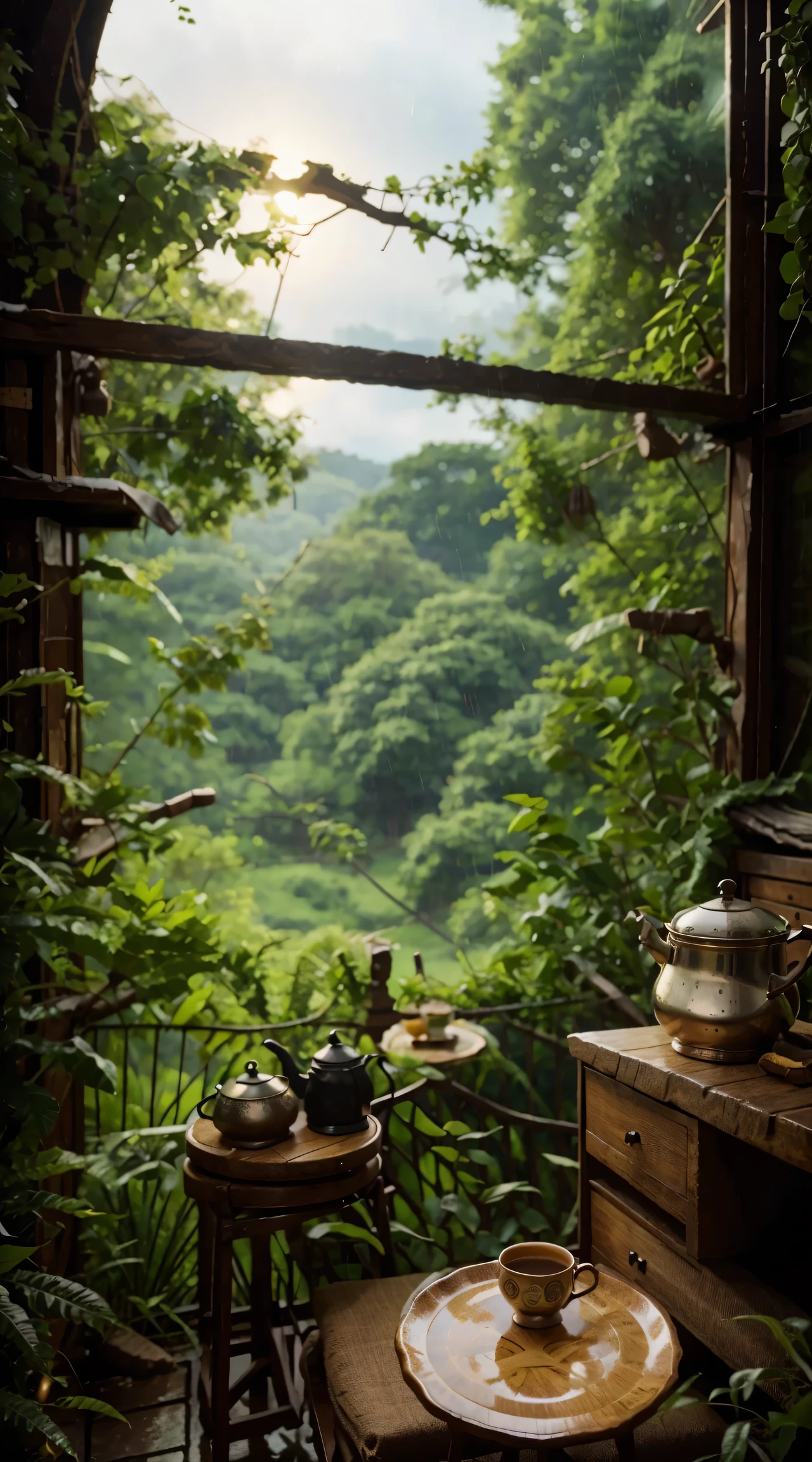A realistic photo of comfort chair in a terrace of house with a table of a tea pot and biscuits on plate, a view of greenery forest in a rain, retro sunset, high detail, ultra realistic, sharpen