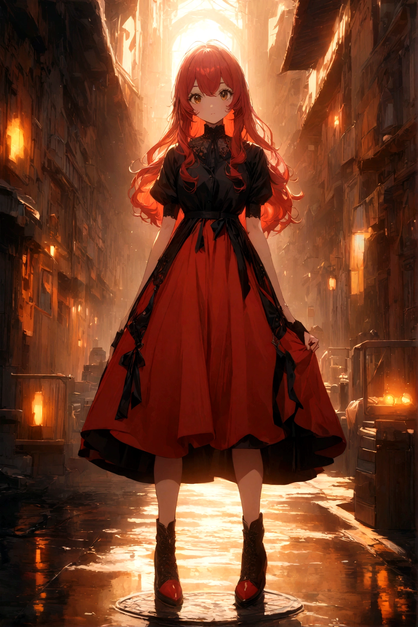 chica anime, red hair, long hair, detailed face,beautiful, long eyelashes, high quality, 8k, masterpiece, highly detailed, vivid colors, warm lighting, anime style, cinematic composition, fullbody shot, pasarela de moda, stylish dress, pechos xL, looking at the camera